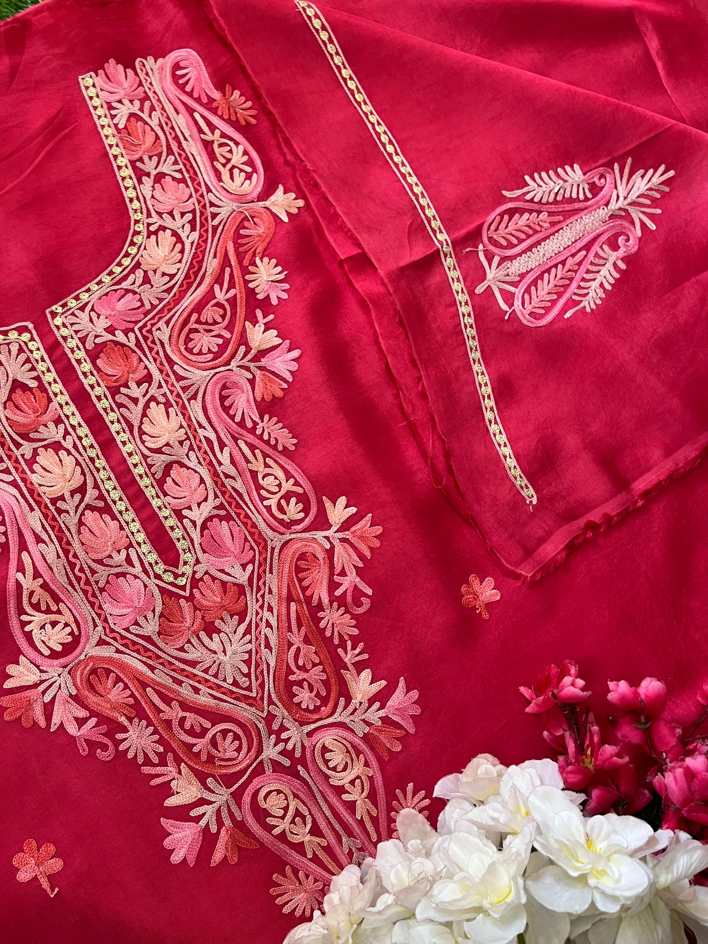 Carrot Pink Opada Silk Aari Embroidered Suit material