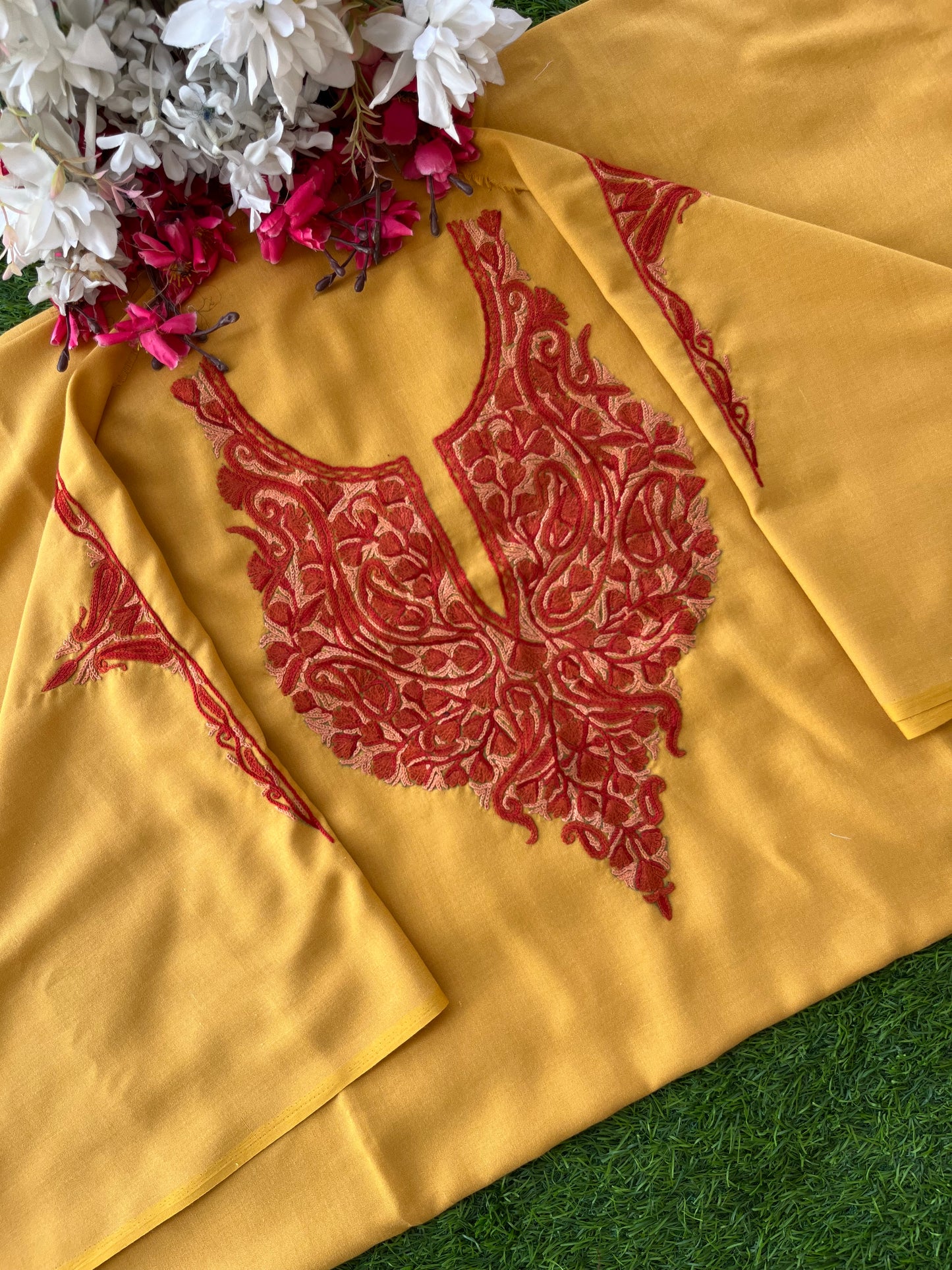 Yellow Cotton Two Piece Suit (Hand Embroidered)