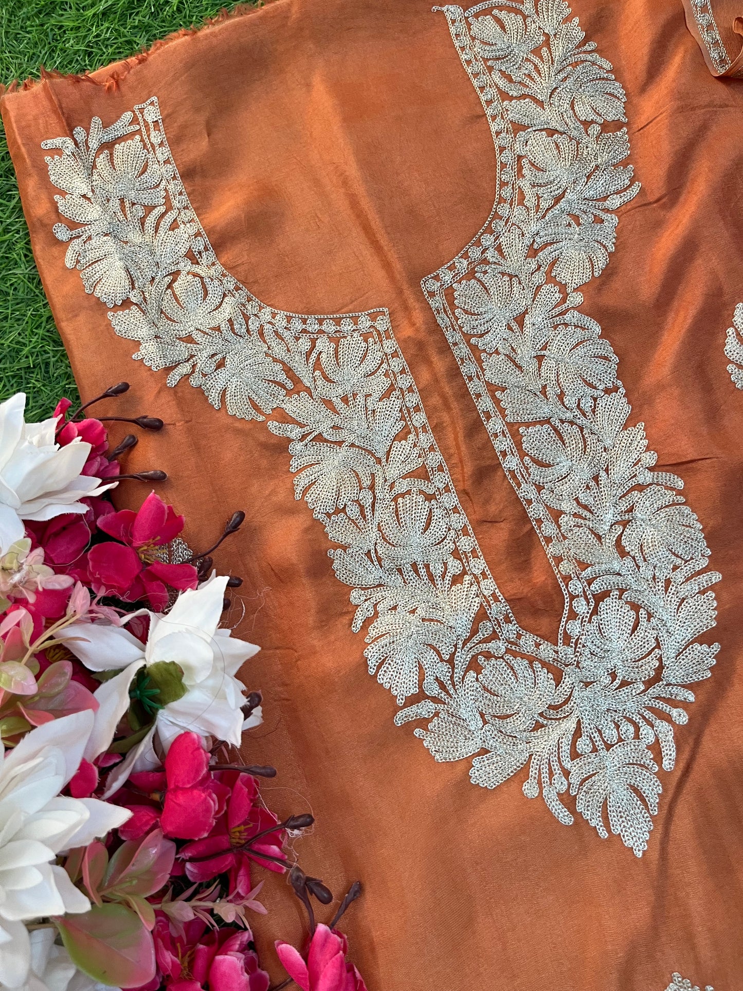Dull Orange Silk Tilla Kashmiri Suit