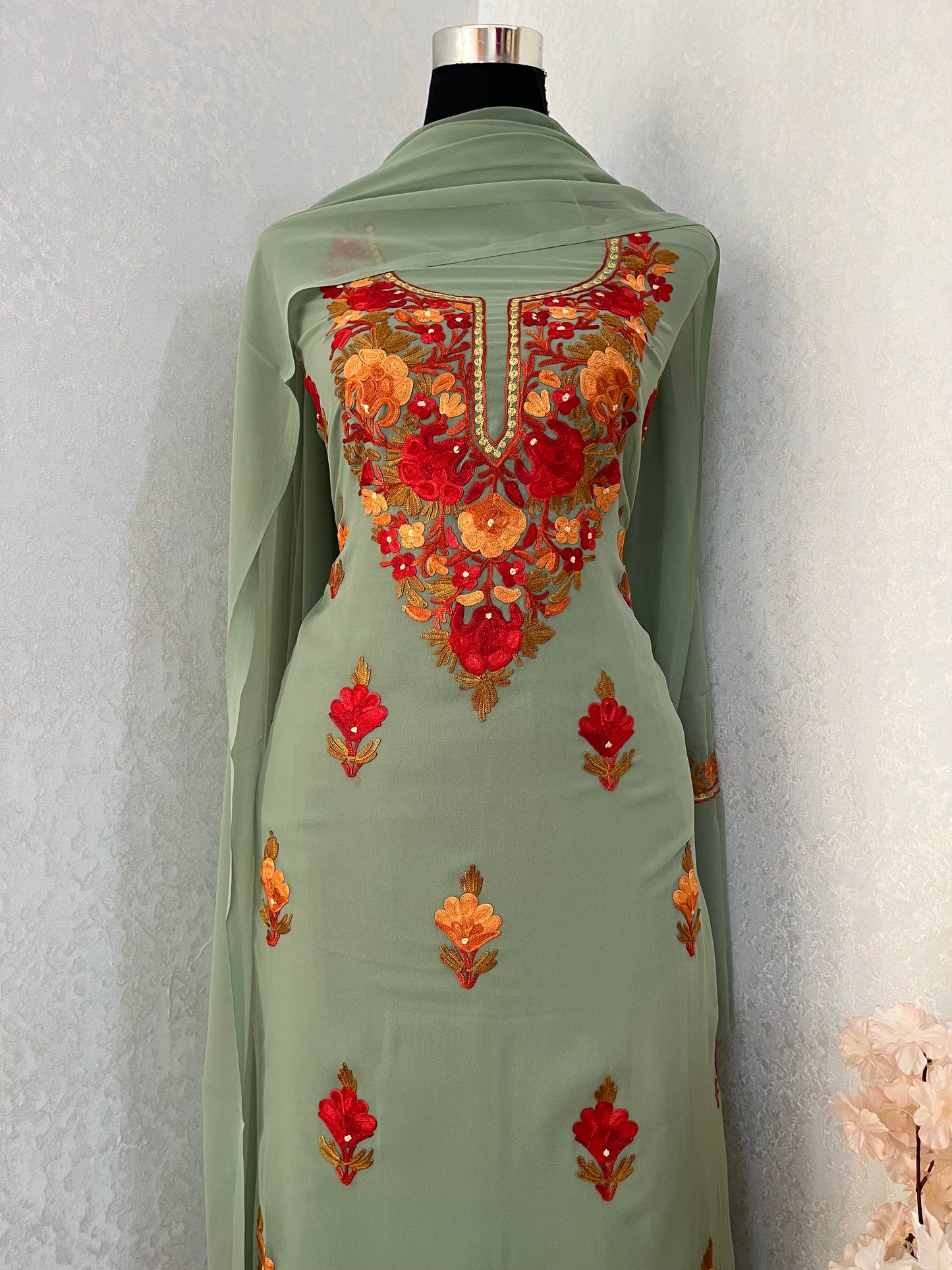 Jade Green Georgette 3Pc Kashmiri Suit