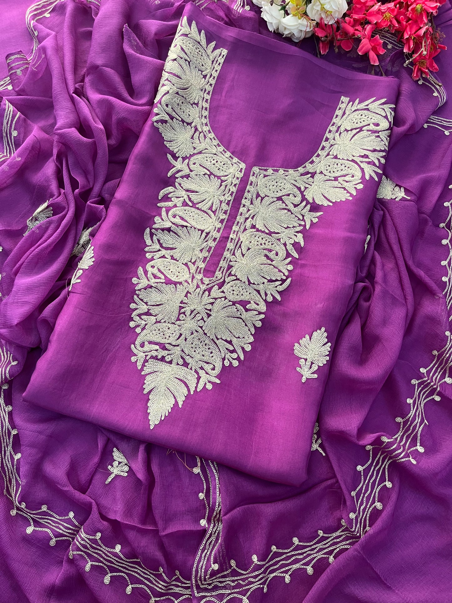 Purple Silk Tilla Kashmiri Suit
