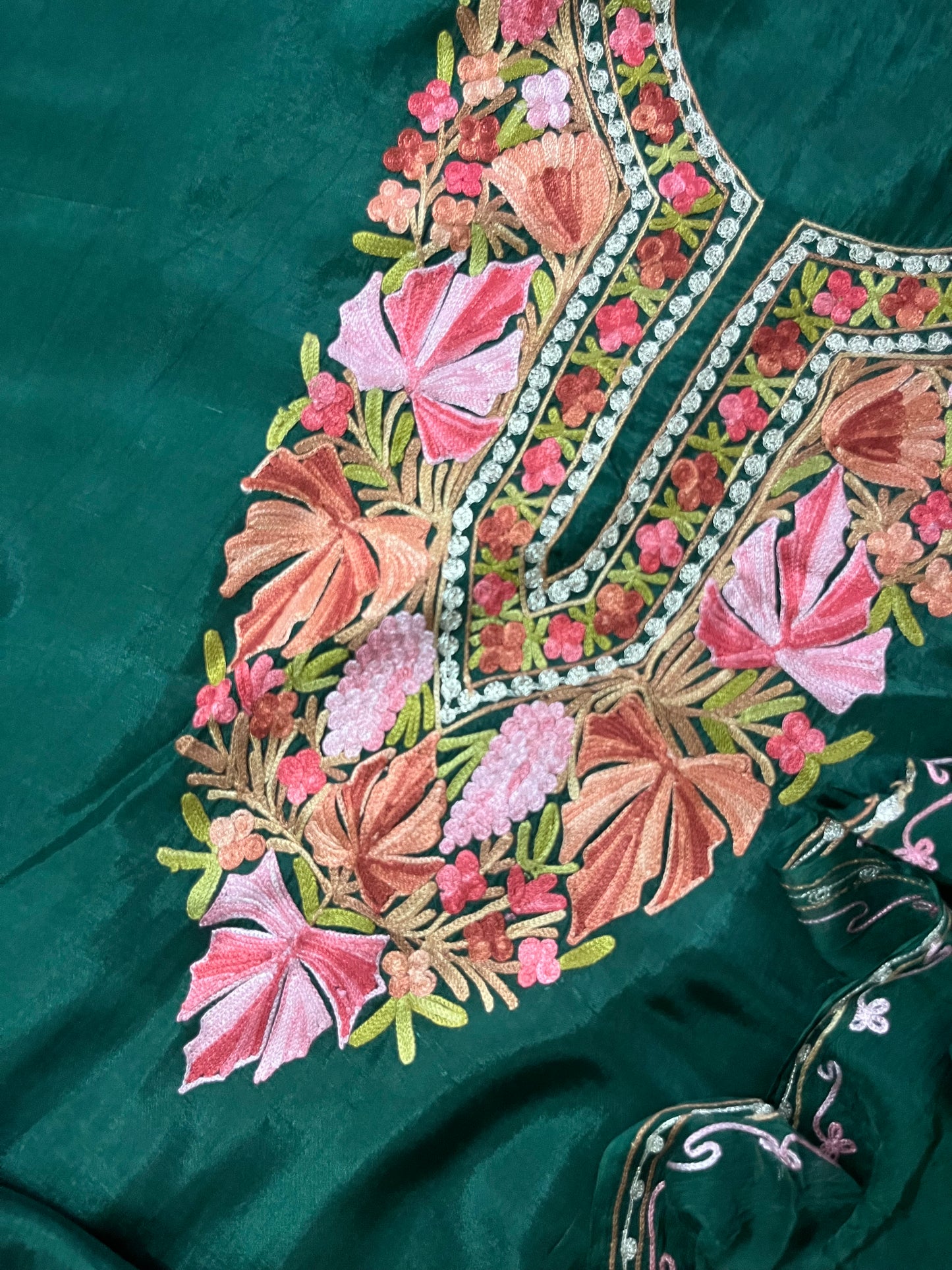 Bottle Green Opada Silk Aari Embroidered Suit material