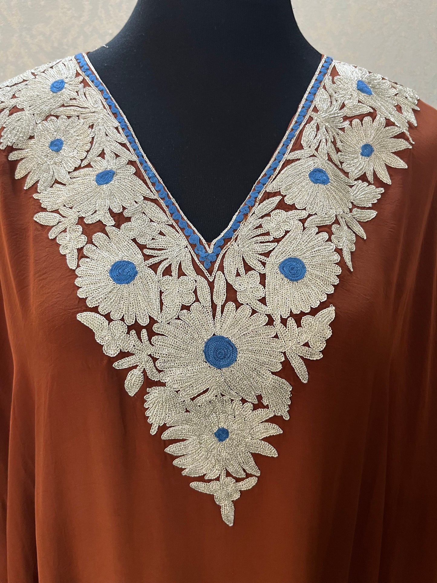 Brown Crape Kashmiri Kaftan Set