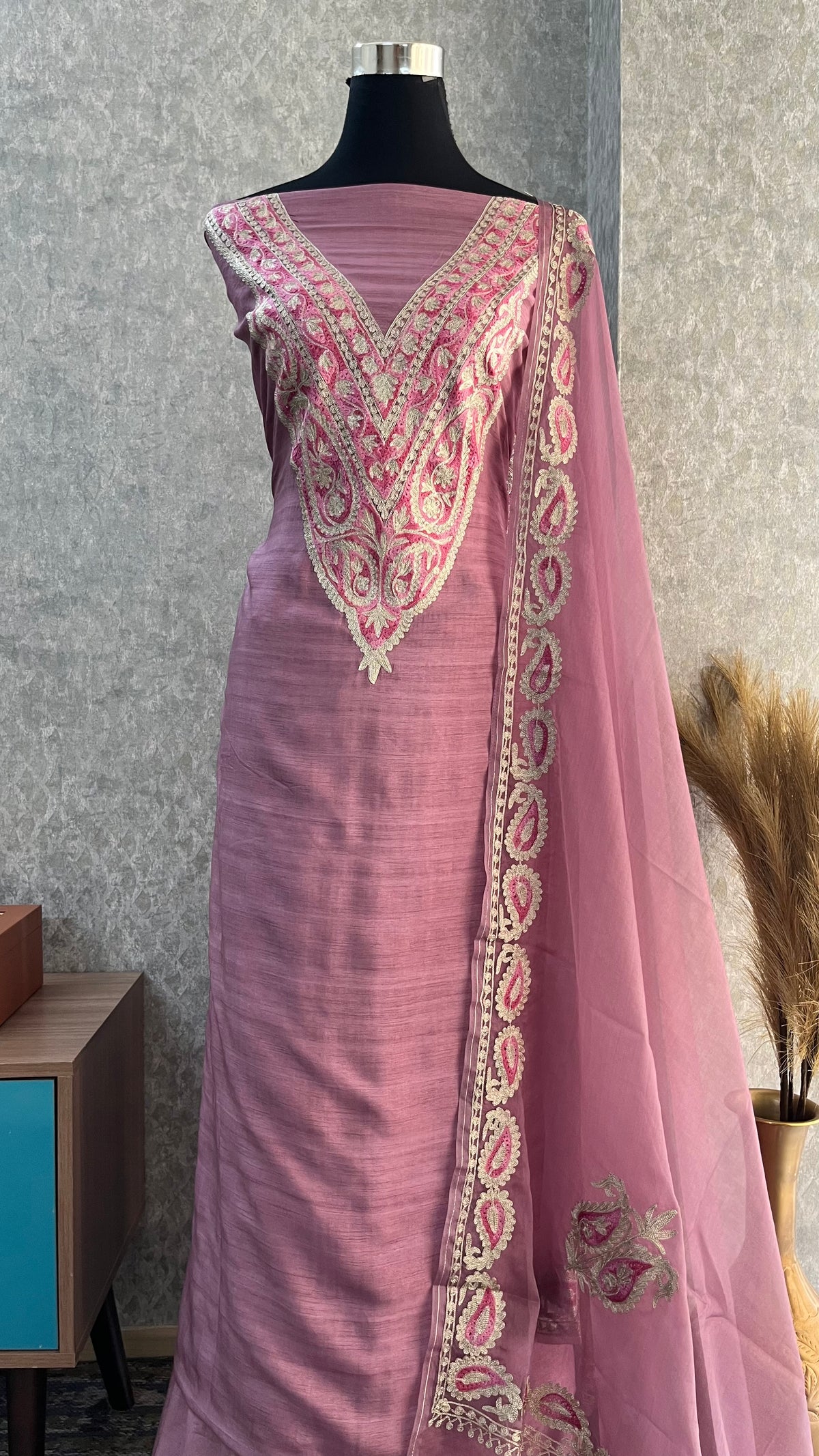 Mauve Russian Silk Kashmiri Suit