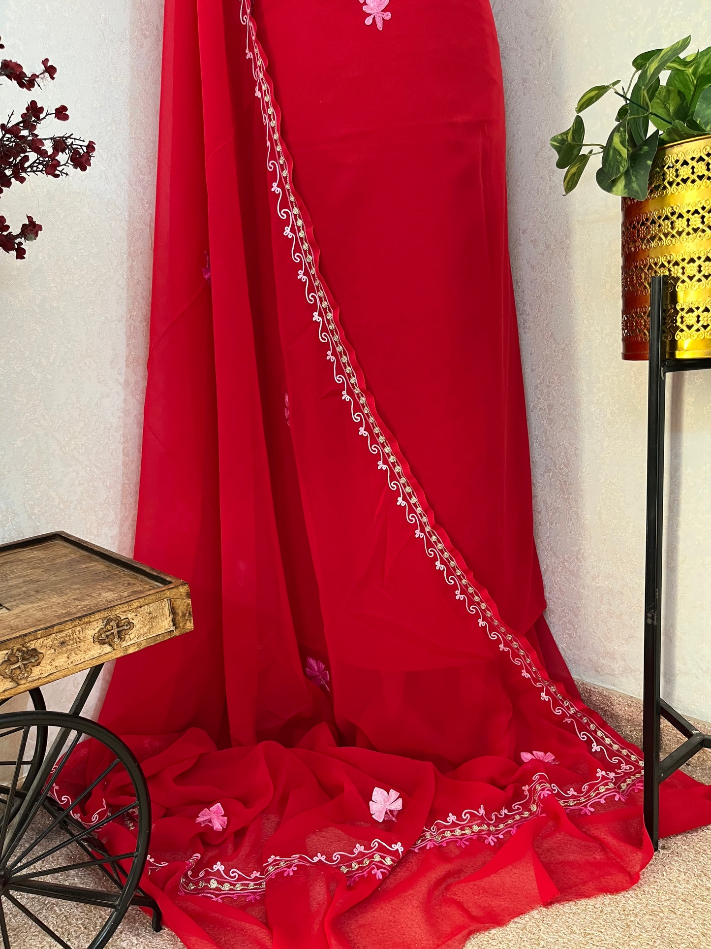 Red Georgette 3 Pc Aari Embroidered Suit Set