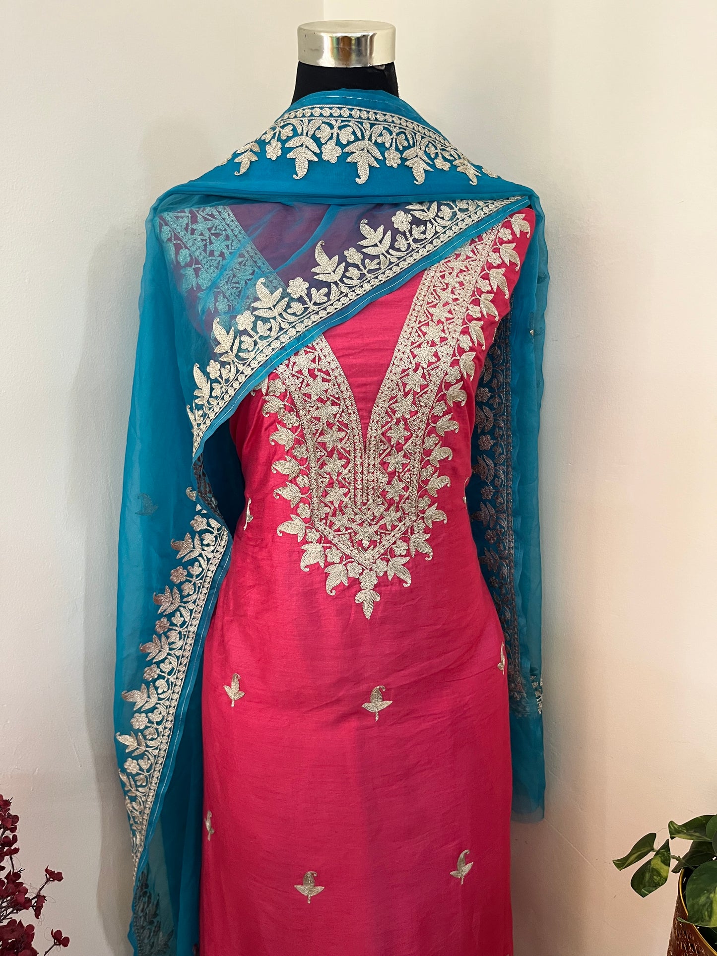 Fuchsia Pink Chanderi Silk Kashmiri Suit
