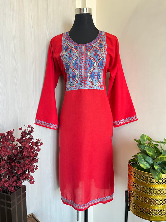 Red Cotton Aari Work Kurti (Free Size up to Bust 46 inches )