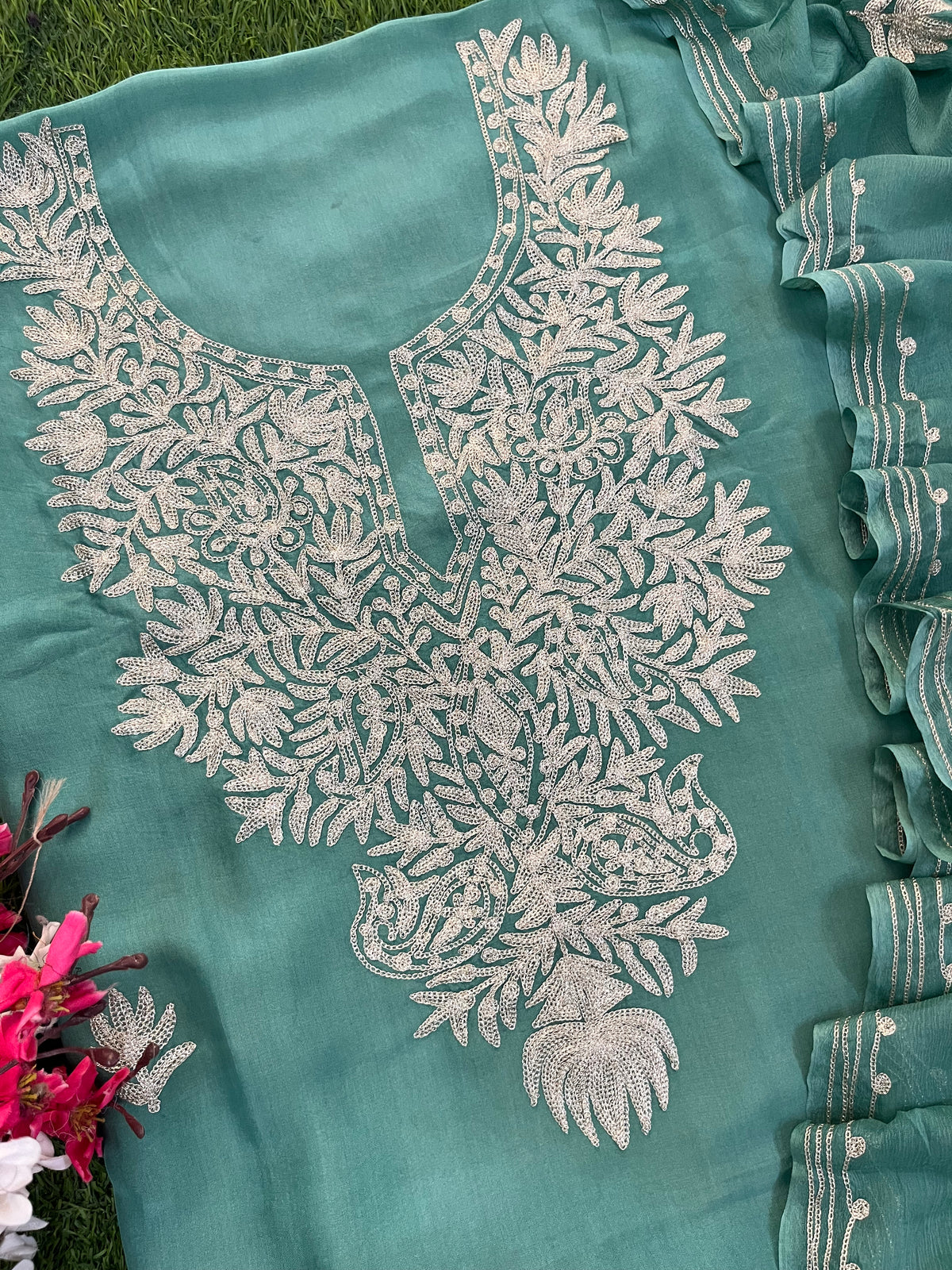 Green Silk Tilla Kashmiri Suit