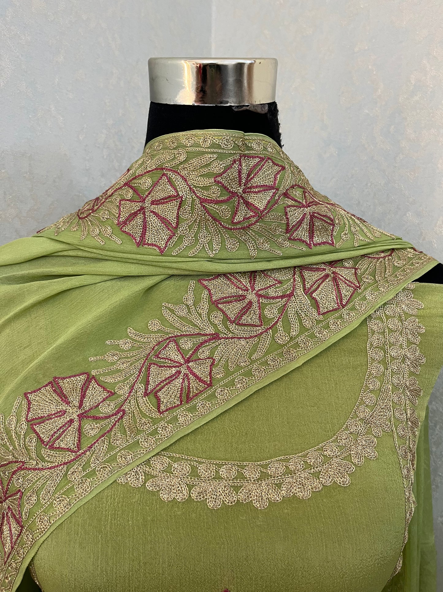 Lime Green Chinon 3 Pc Aari Embroidered Suit