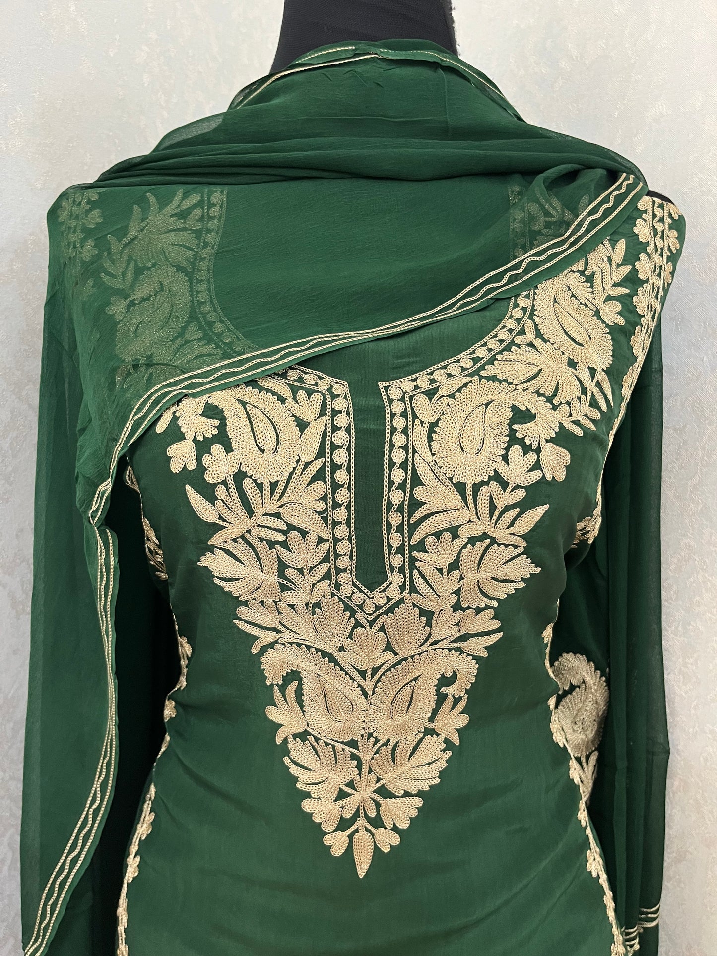Bottle Green Silk Tilla Kashmiri Suit