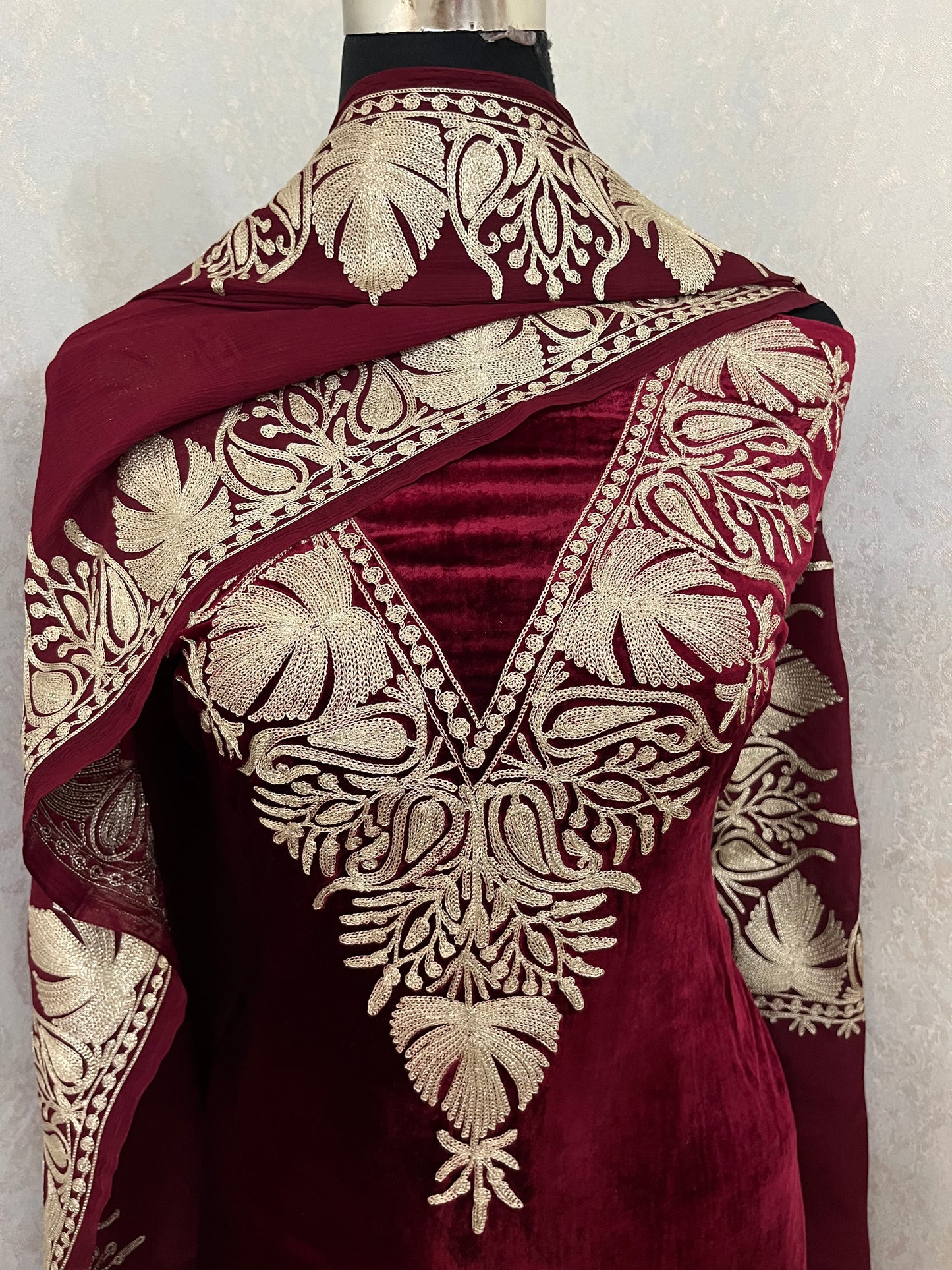 Maroon Tilla Makhmal 3pc Suit