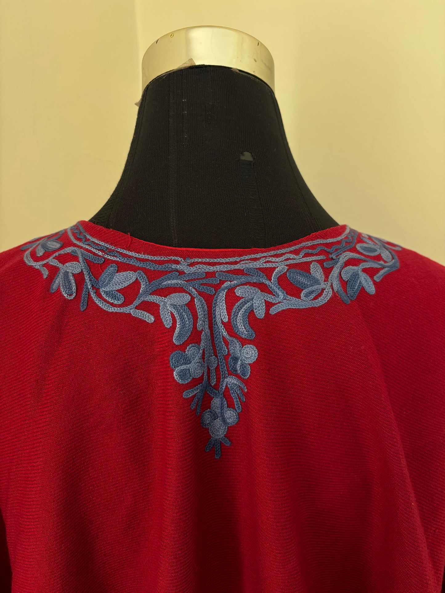 Maroon Aari Embroidered Wool Poncho