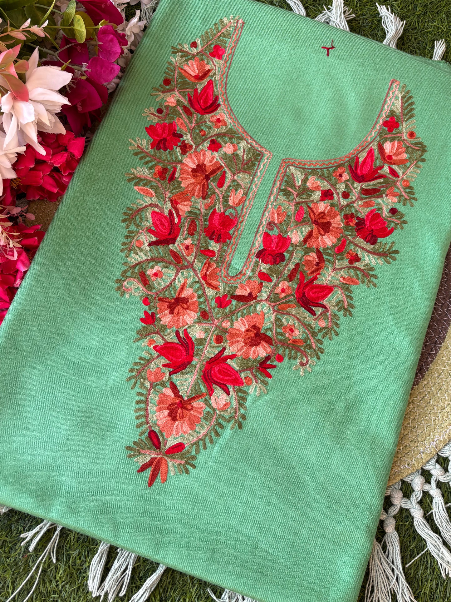 Green Woollen Aari Embroidered 2pc suit 5mtr