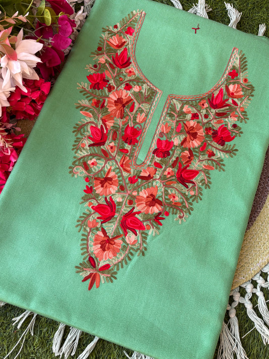 Green Woollen Aari Embroidered 2pc suit 5mtr