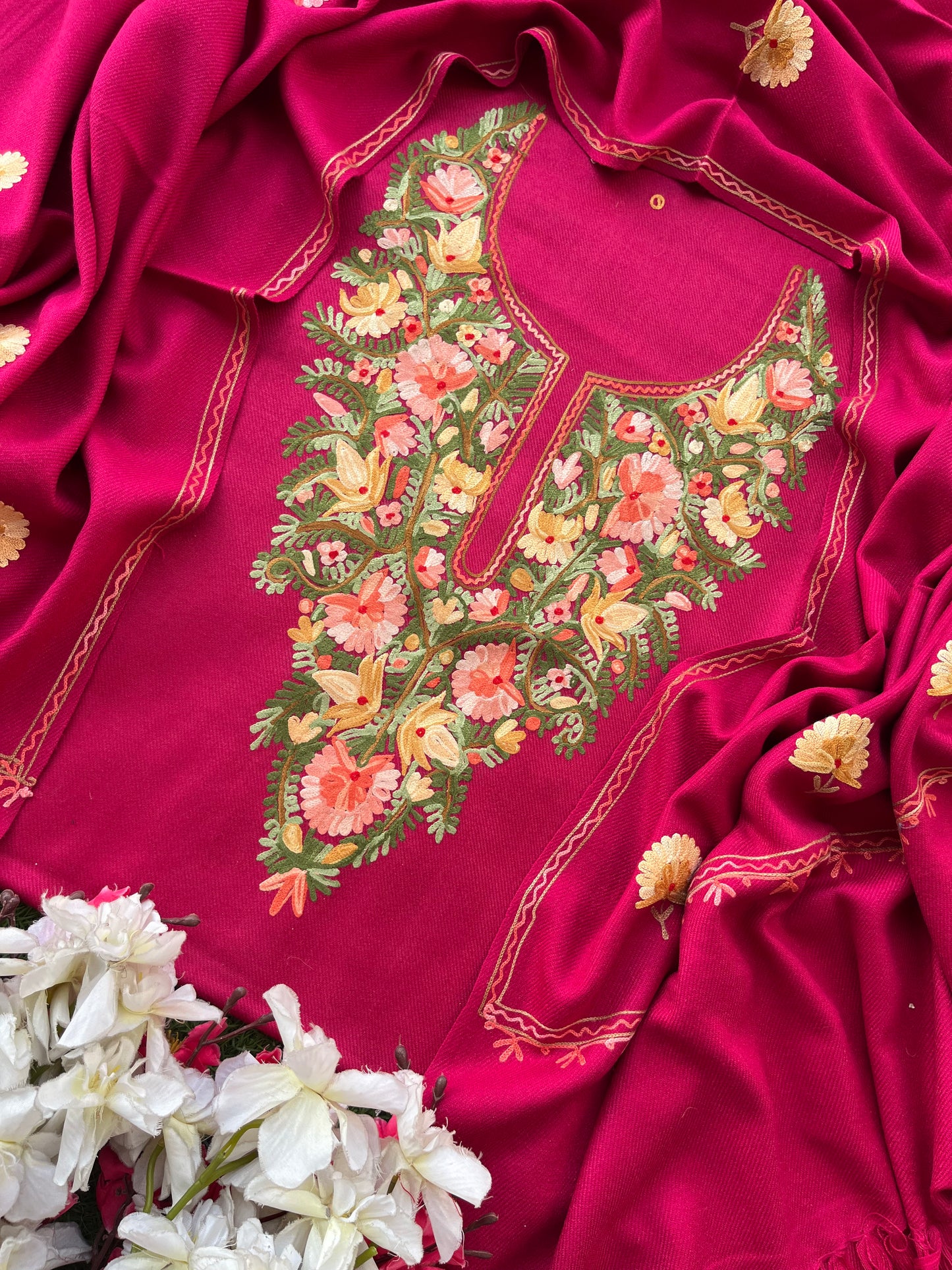 Hot pink Woollen Aari Embroidered 3pc suit