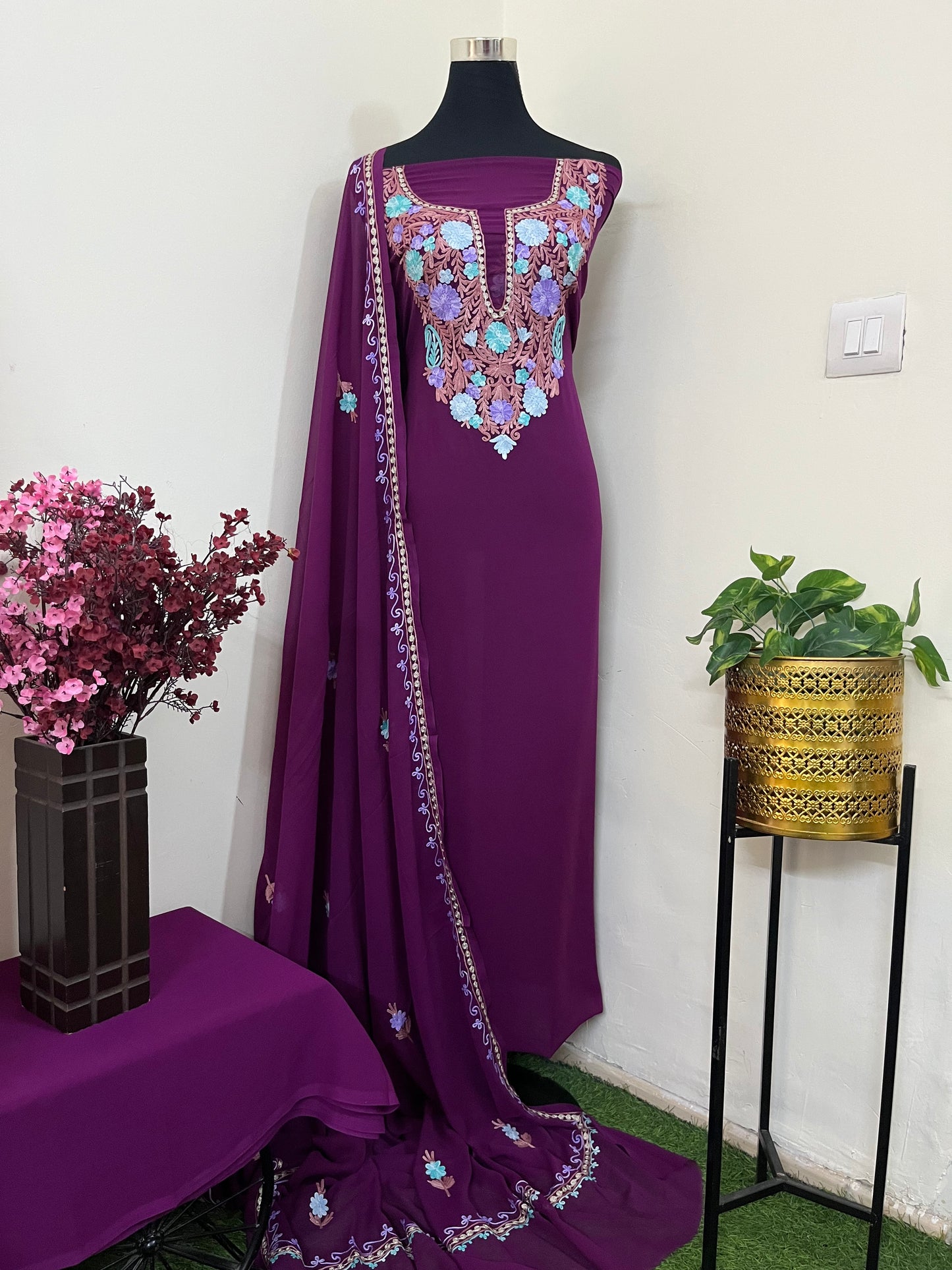 Wine Georgette 3 Pc Aari Embroidered Suit Set