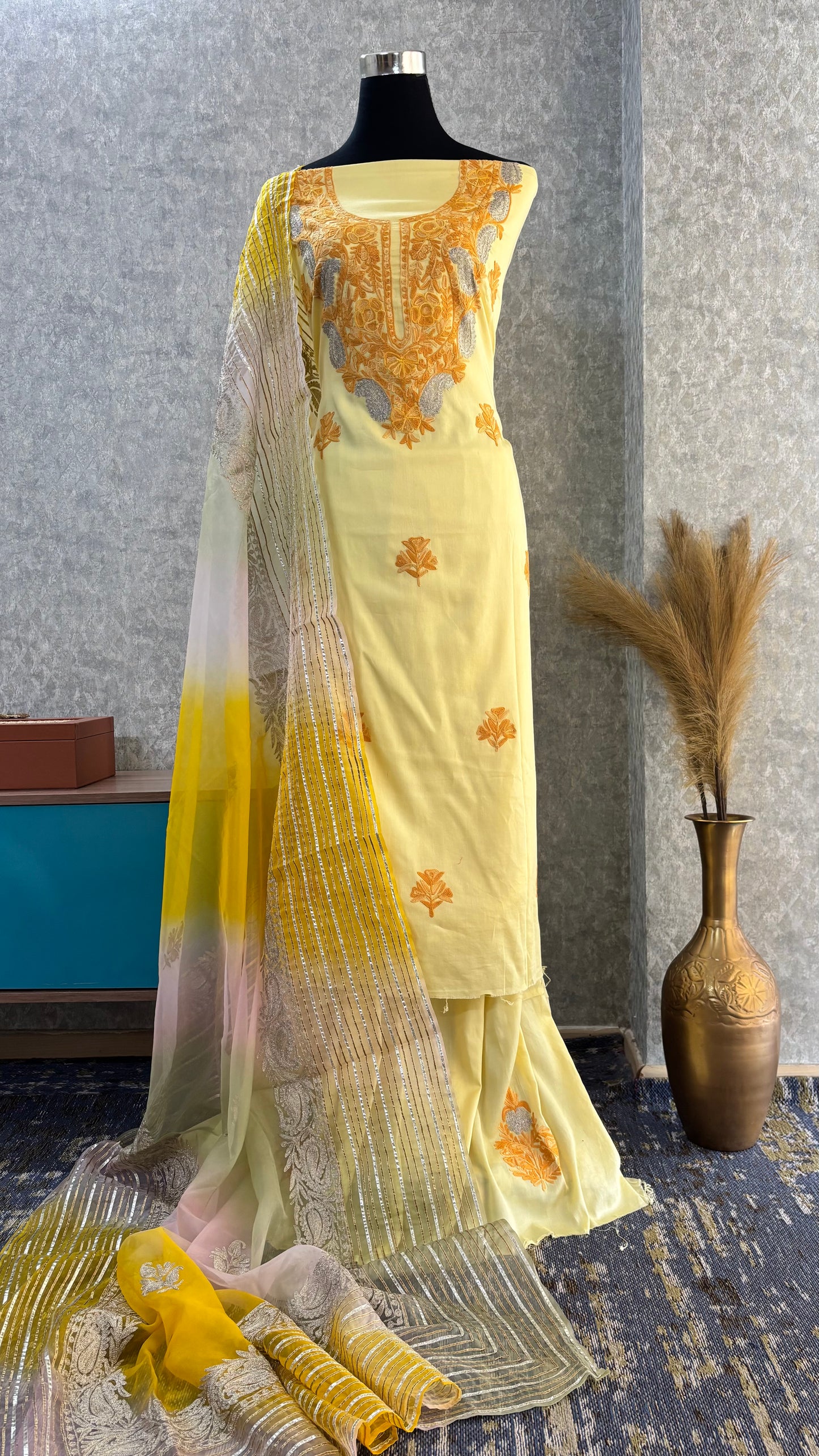 Lemon Yellow Satin Cotton Kashmiri Suit