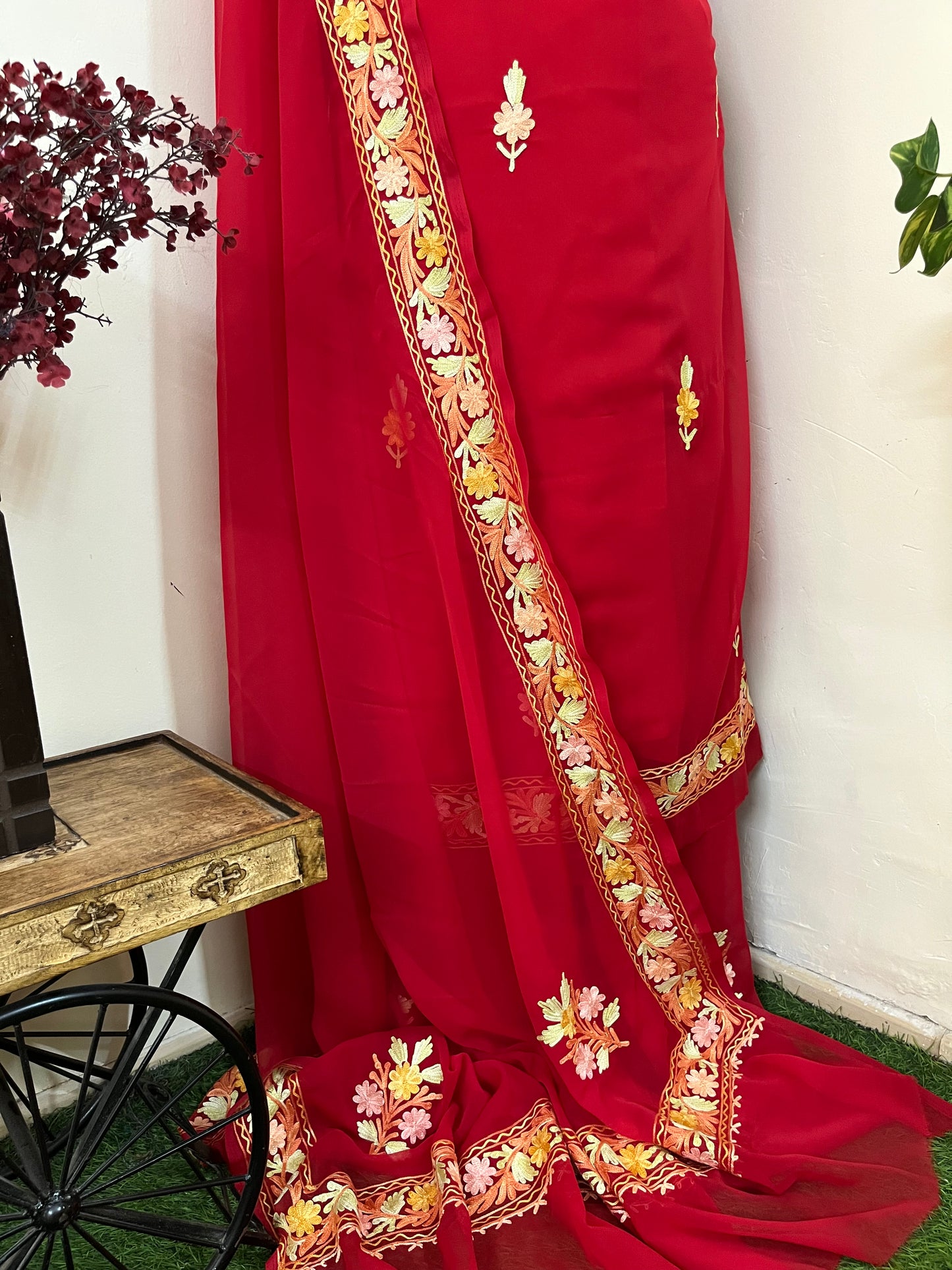 Red Georgette 3 Pc Aari Embroidered Suit Set