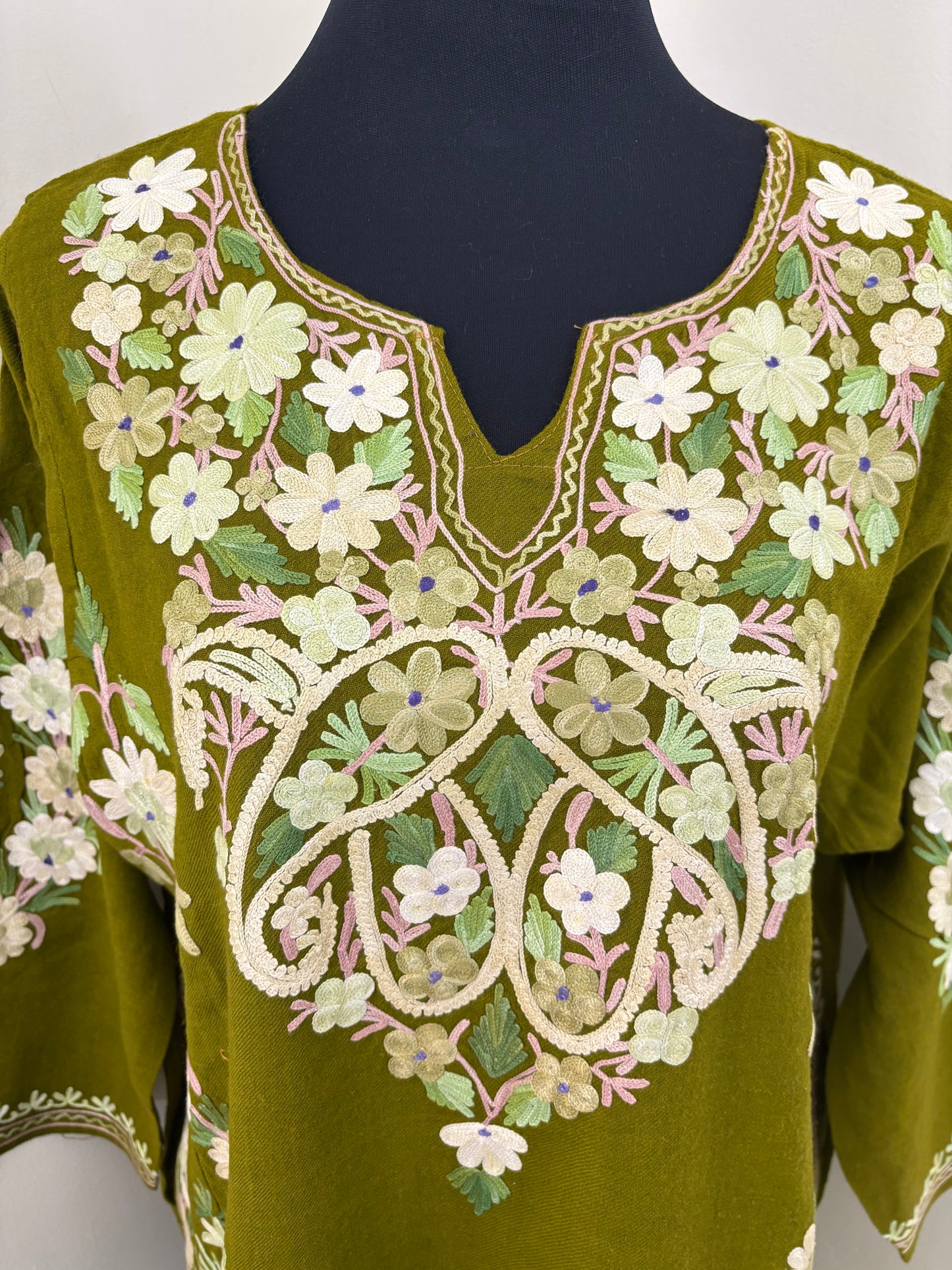 Henna Green Aari Embroidered Wool Pheran