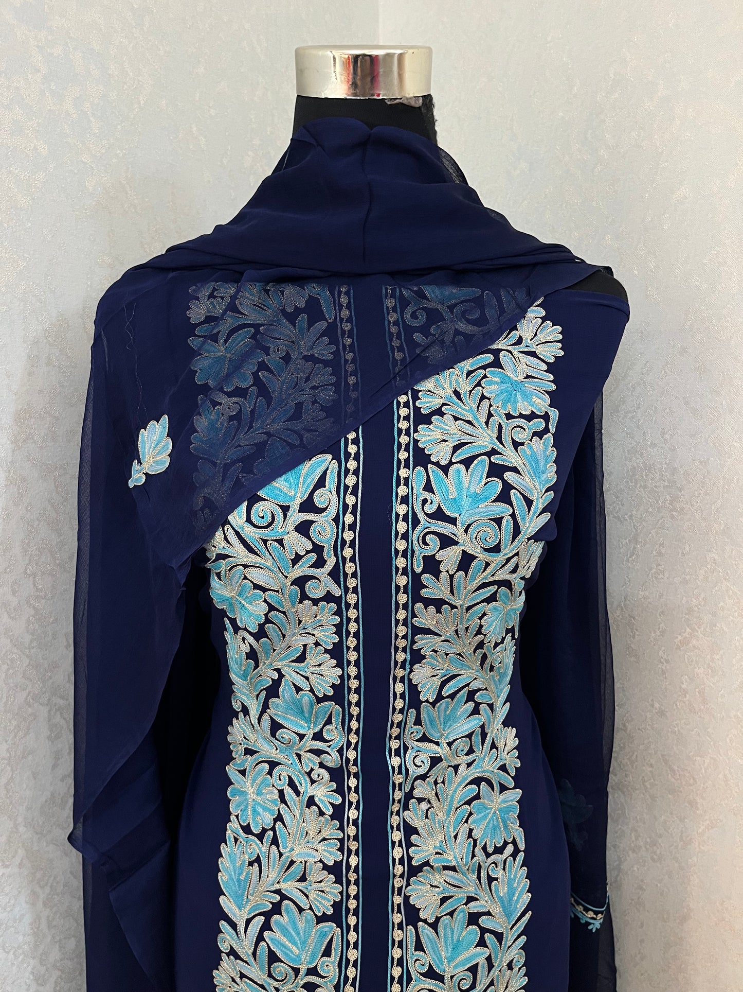 Blue Pure Georgette Achkan Kashmiri Suit