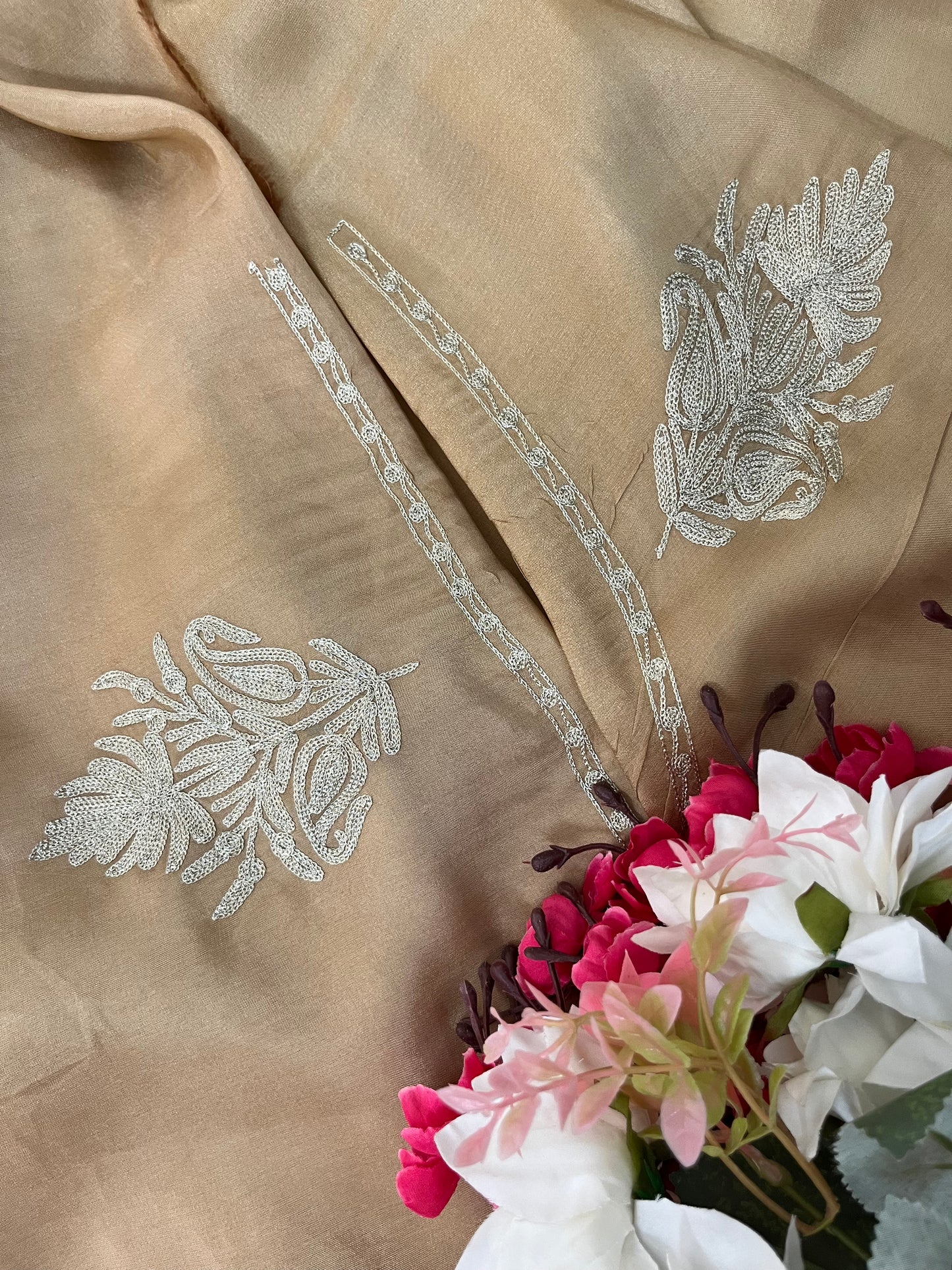 Sanam’ Golden Beige Silk Tilla Kashmiri Suit