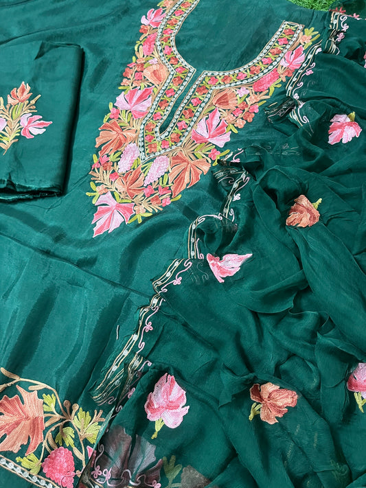 Bottle Green Opada Silk Aari Embroidered Suit material