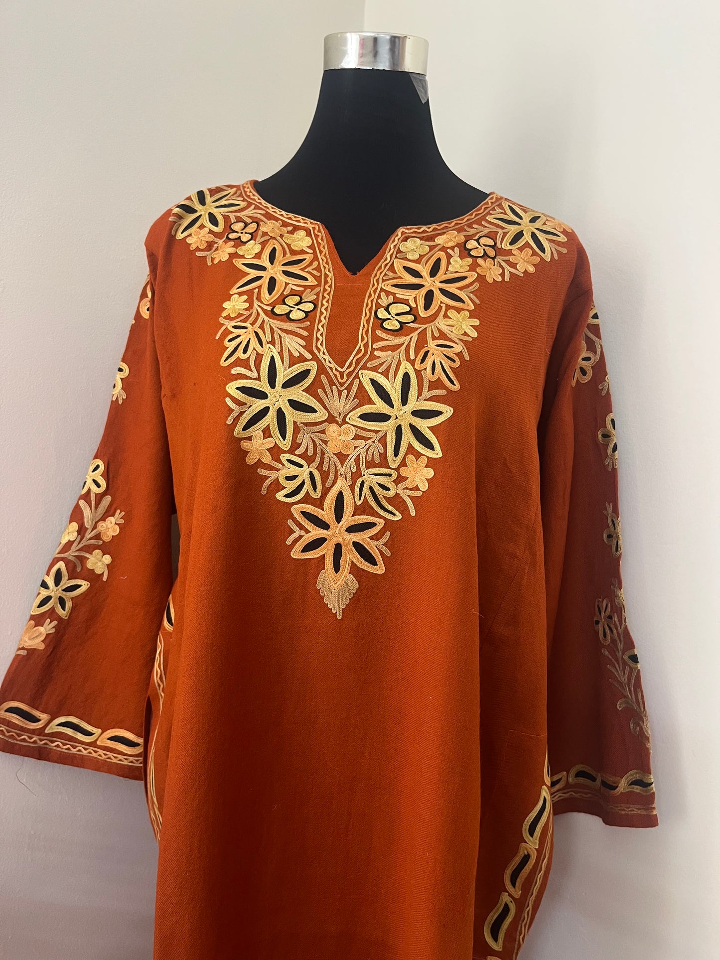 Rust Orange Aari Embroidered Wool Pheran