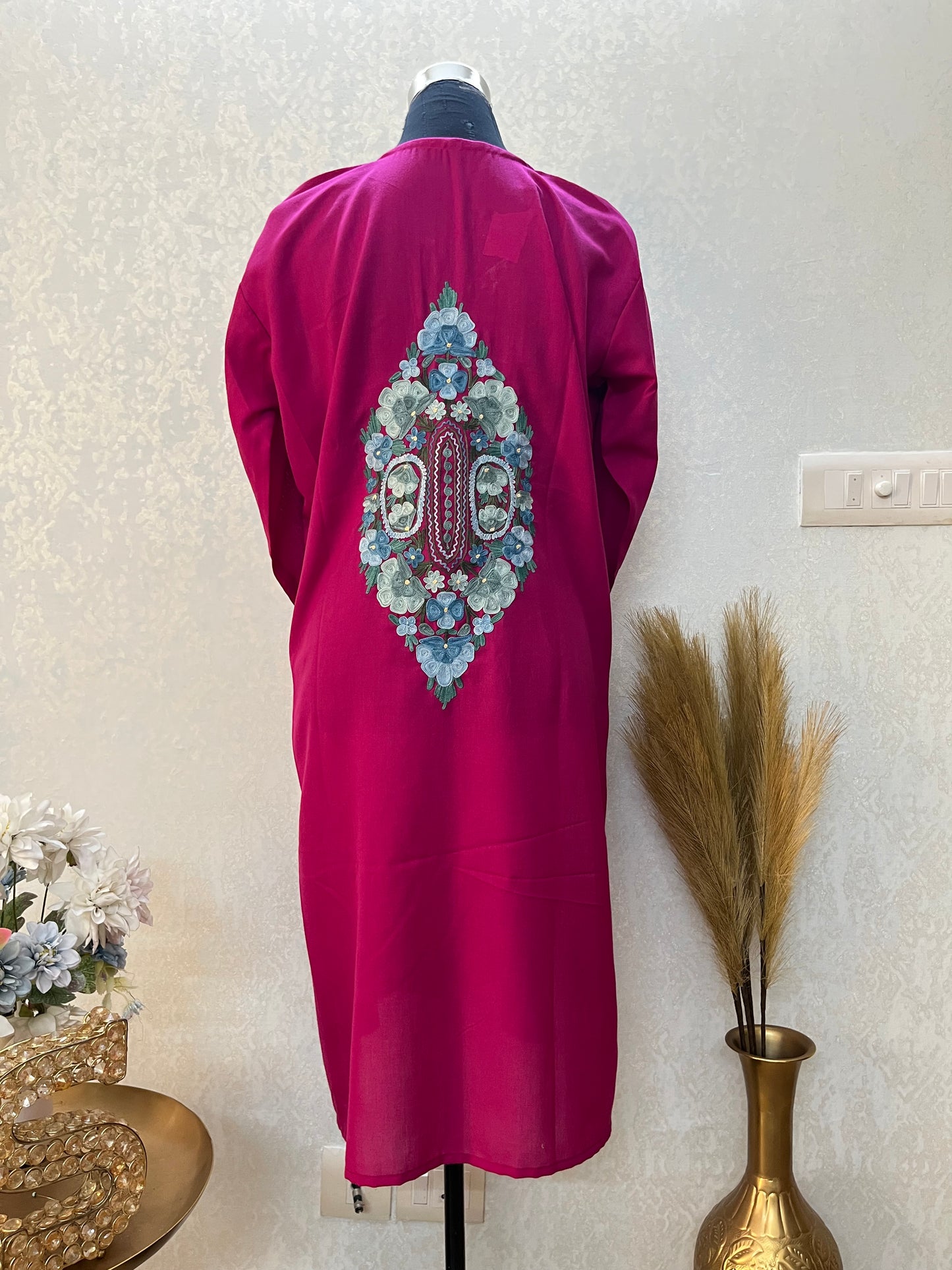 Hot Pink Cotton Aari Work Kurta