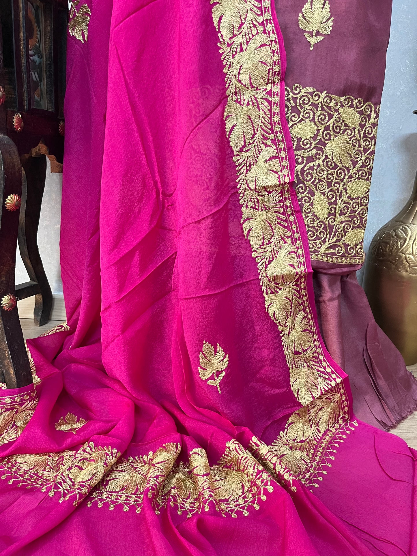 ‘Kalaa’ Onion Pink Opada Silk Tilla Embroidered Suit material