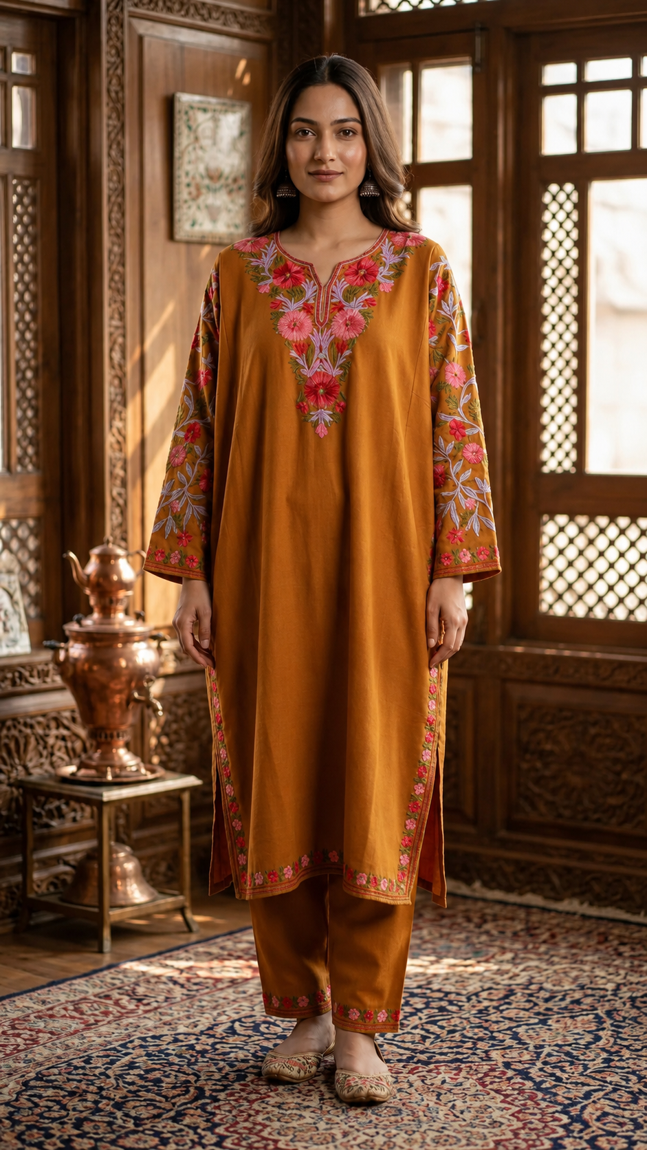 Mustard Brown Cotton Arm Jaal Pheran Set
