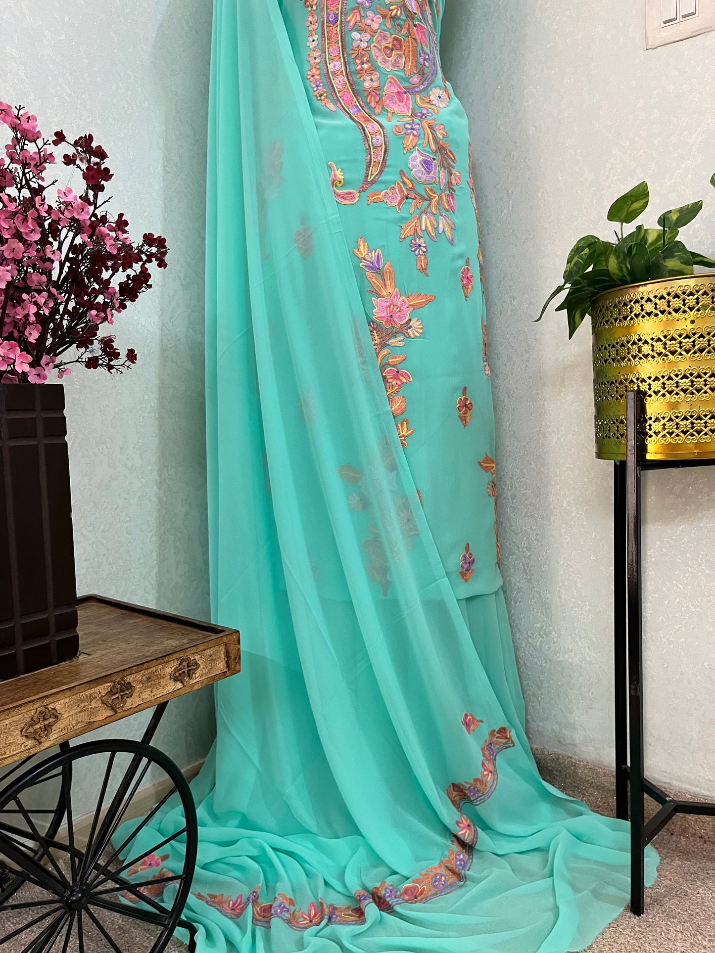 Sky Green Georgette 3 Pc Aari Embroidered Suit