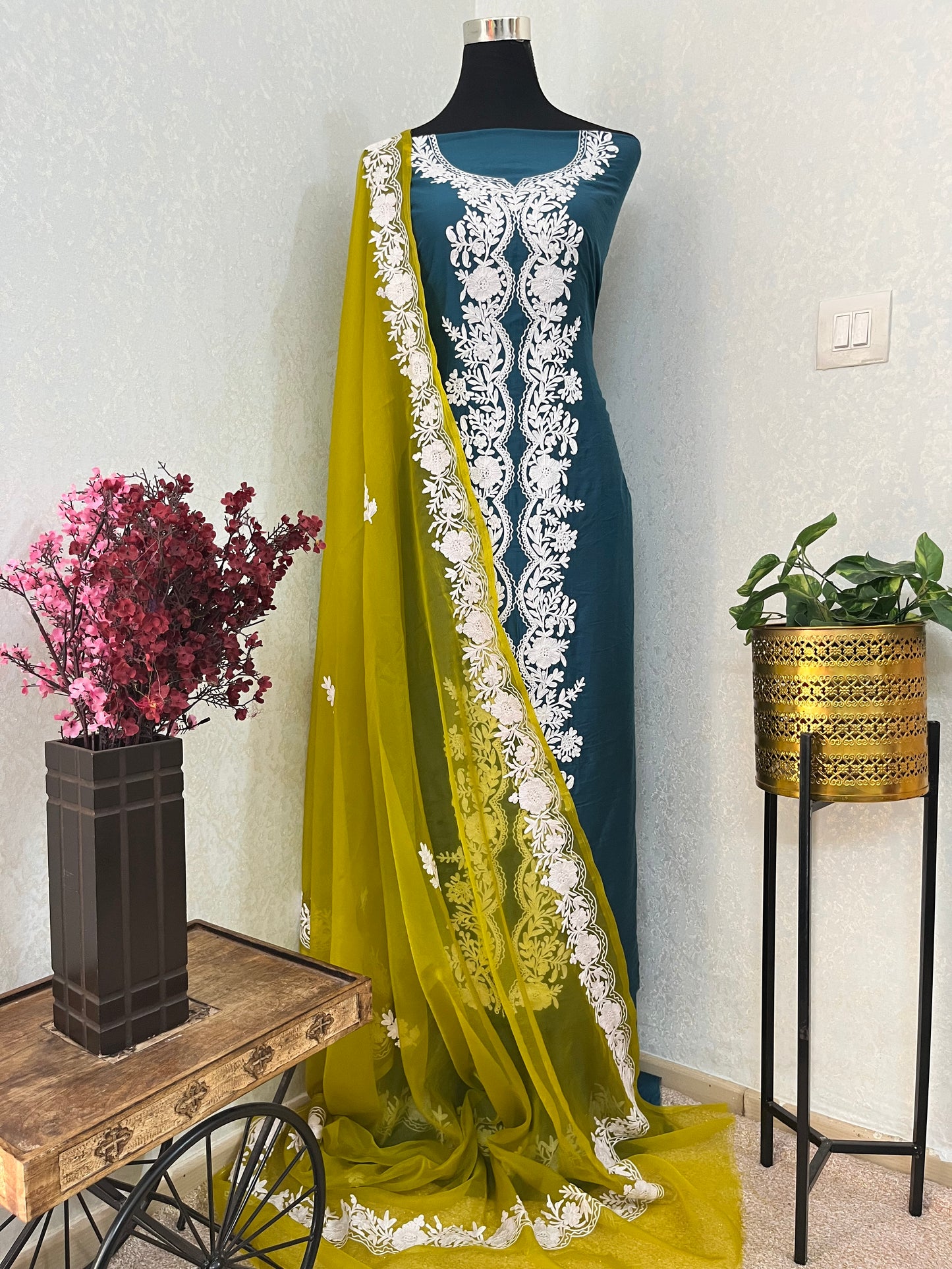 Teal Blue Chanderi Silk Kashmiri Suit