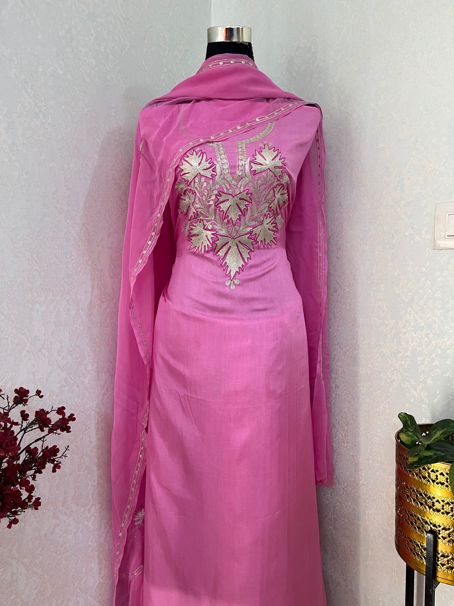 Soft Pink Silk Tilla Kashmiri Suit