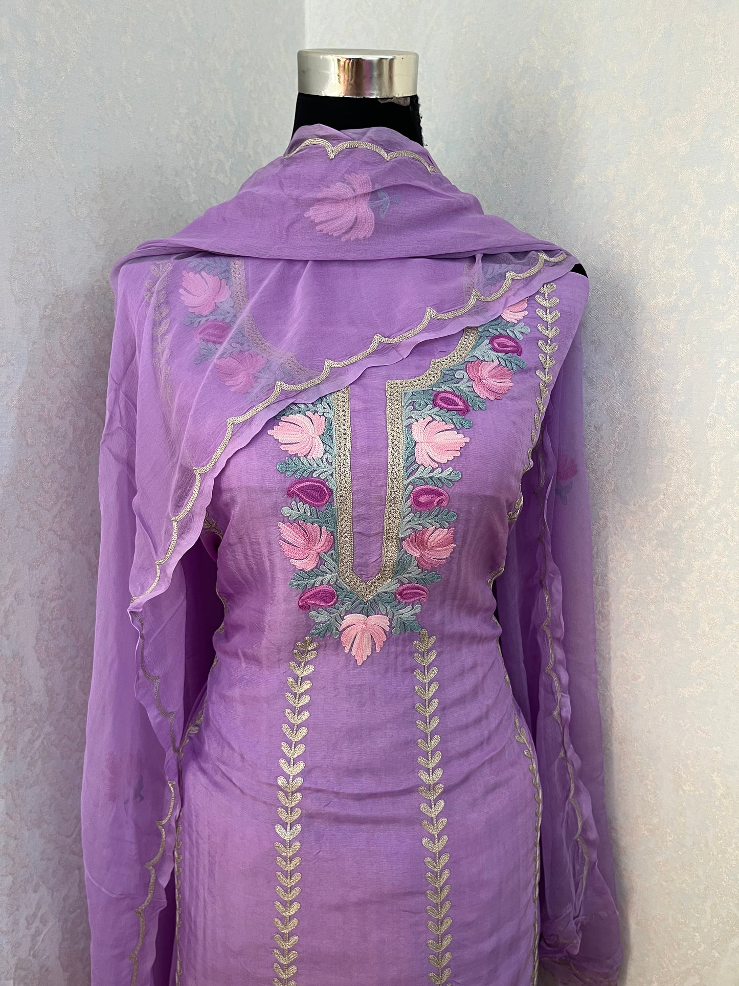 Lavender Sanam’ Silk Aari Embroidered Suit material