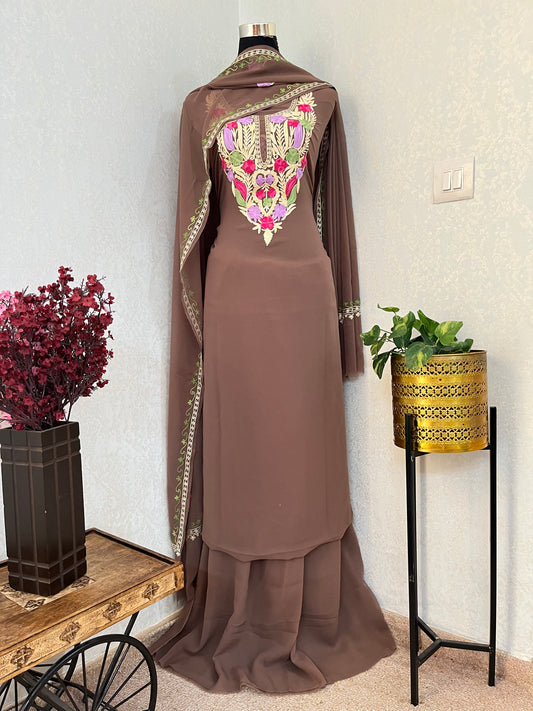 Pastel Brown Georgette 3 Pc Aari Embroidered Suit Set