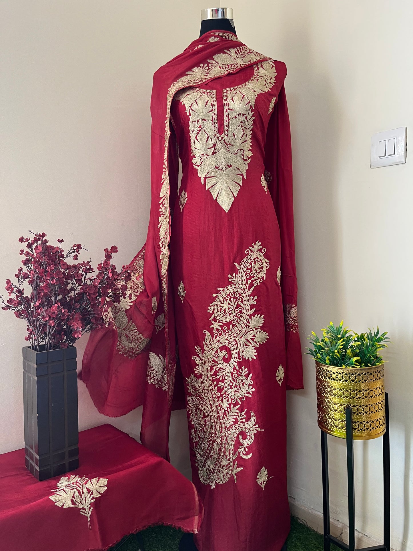 Maroon Silk Tilla Embroidered Suit material