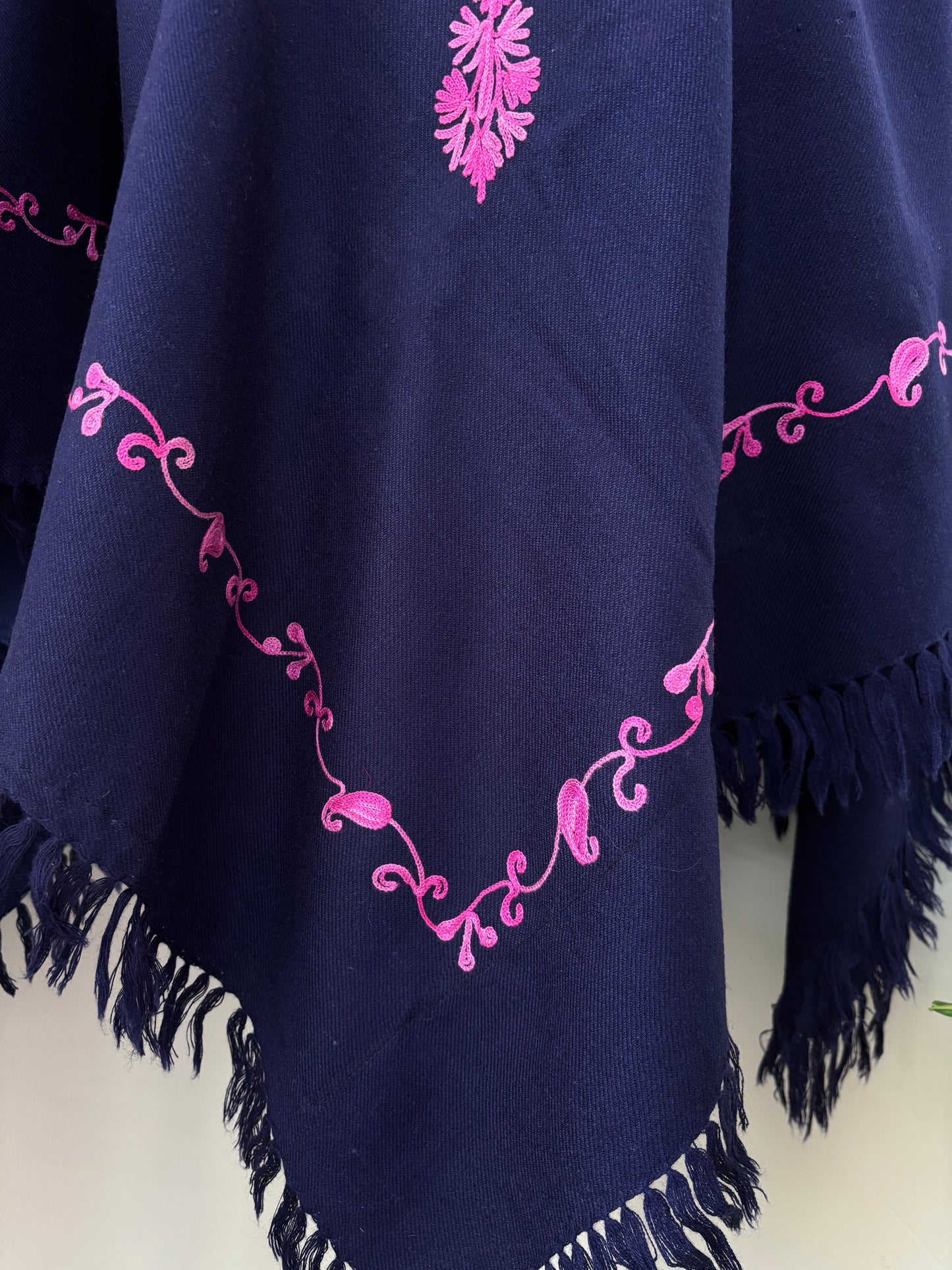 Navy Blue Aari Embroidered Wool Poncho