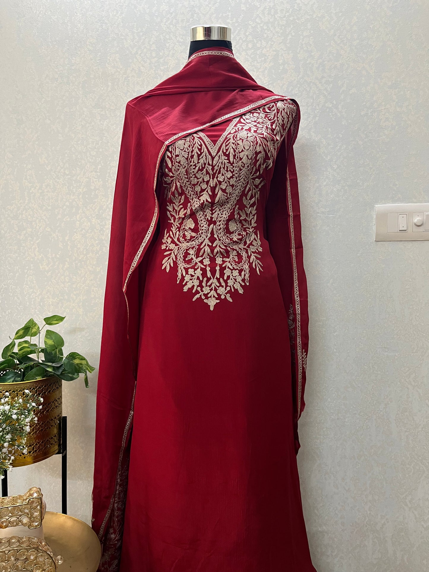 Maroon Pure Chinon 3 Pc Heavy Kashmiri Suit