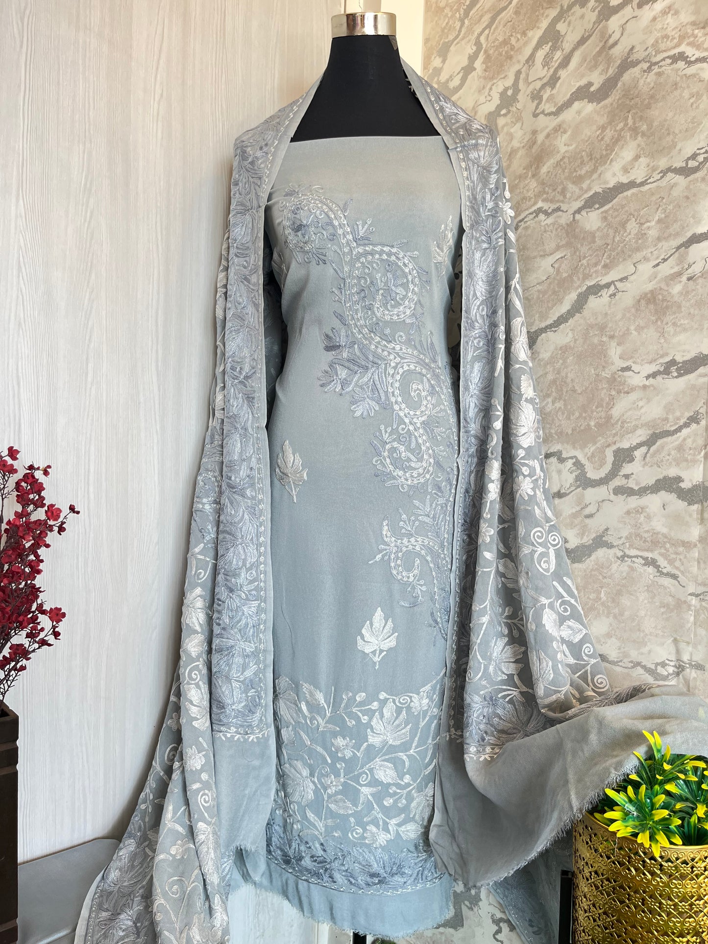 Grey Pure Georgette Aari Embroidered Suit