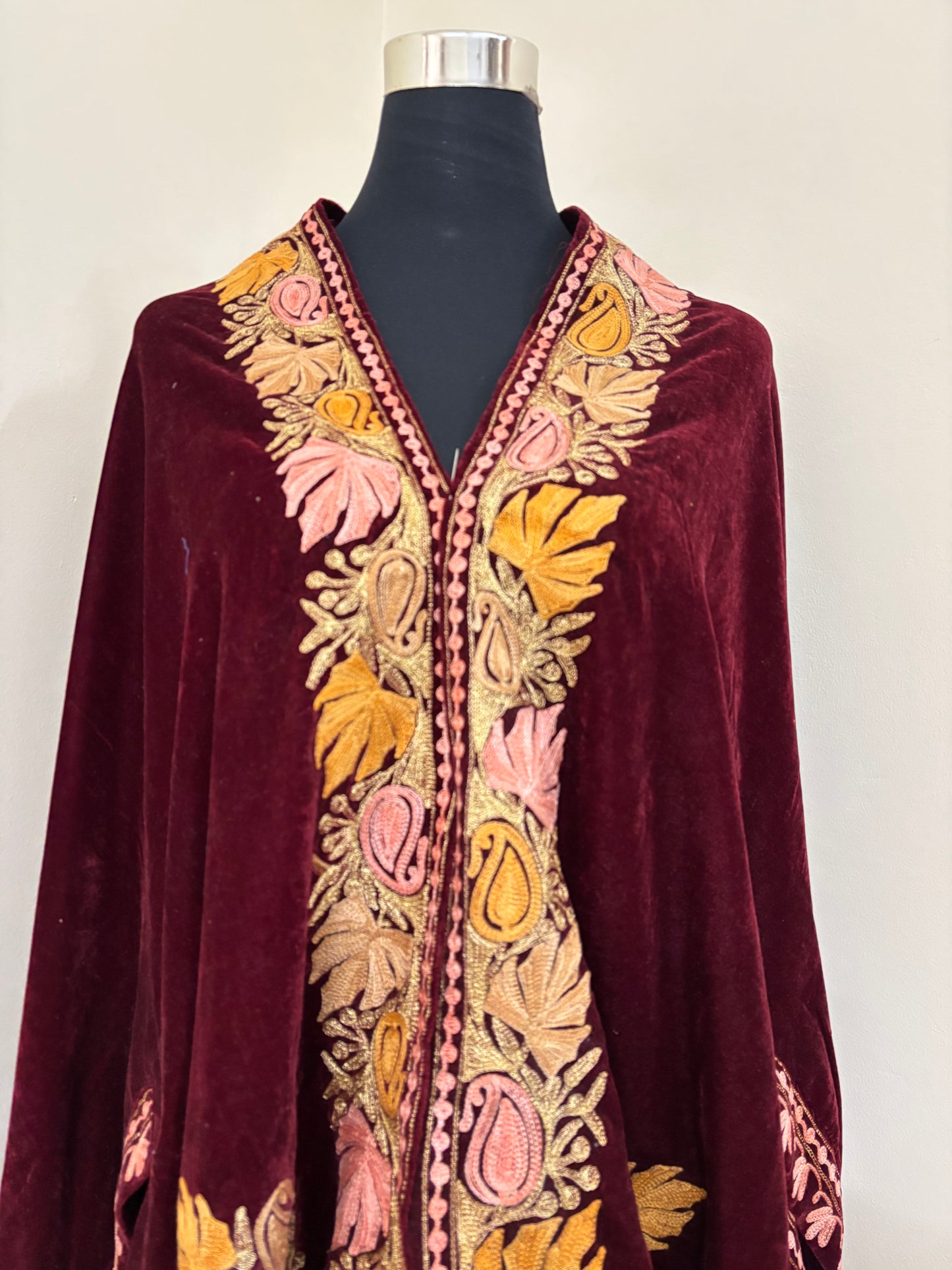 Maroon Aari Embroidered Velvet Cape