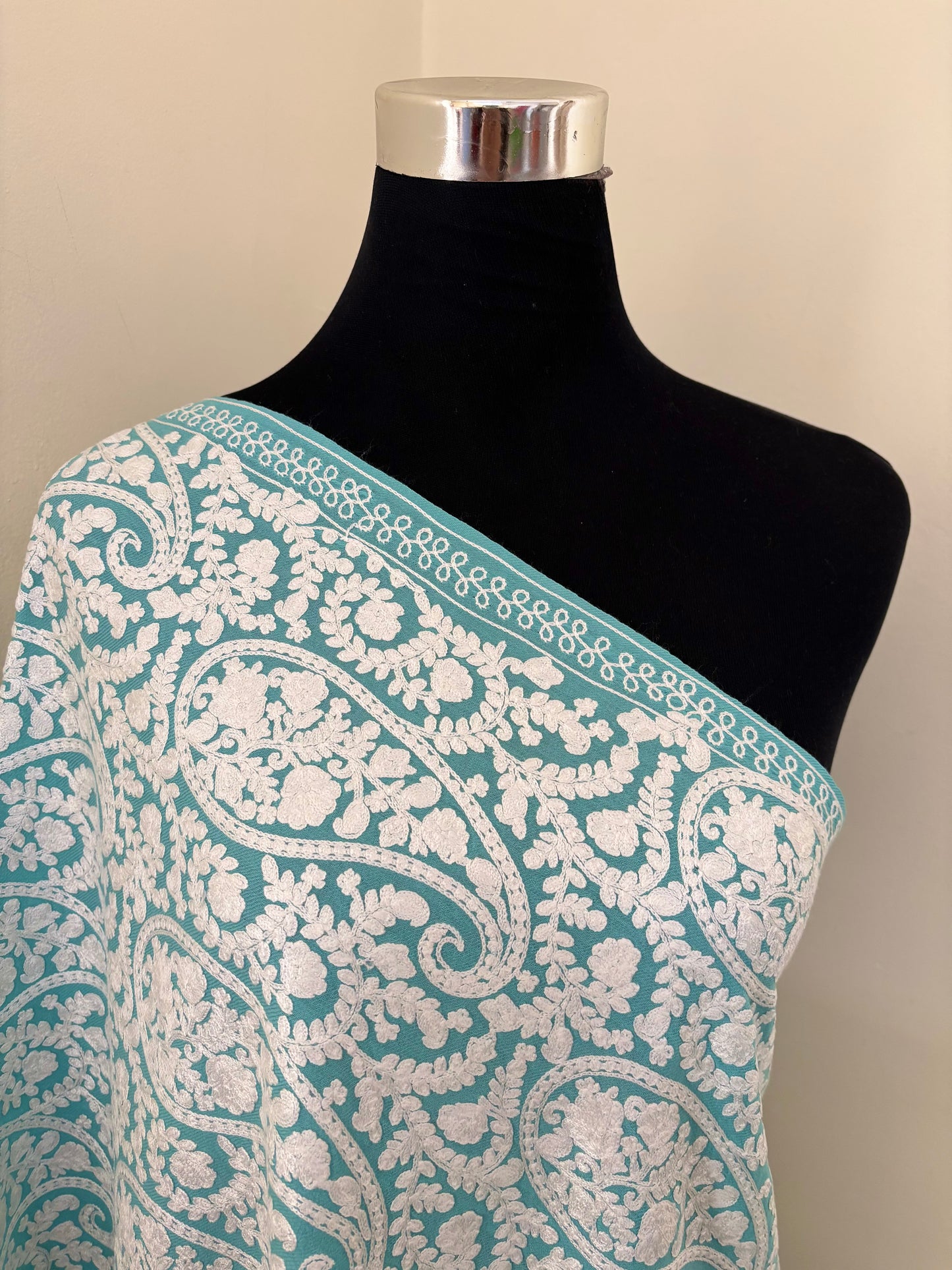 Aqua Blue Kashmiri Stole ( Semi Pashmina )