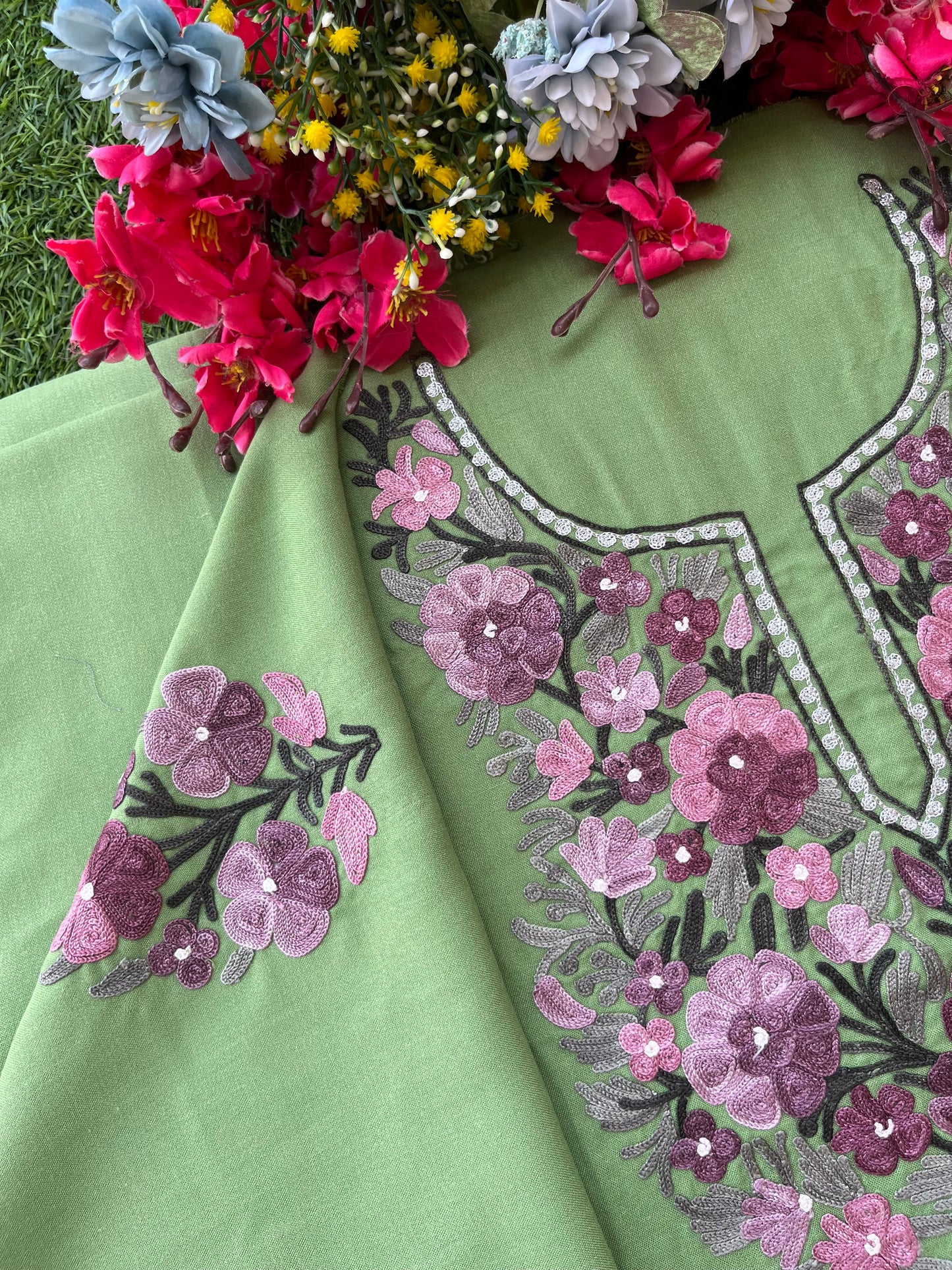 Pastel Green Aari Embroidered Cotton Suit Set