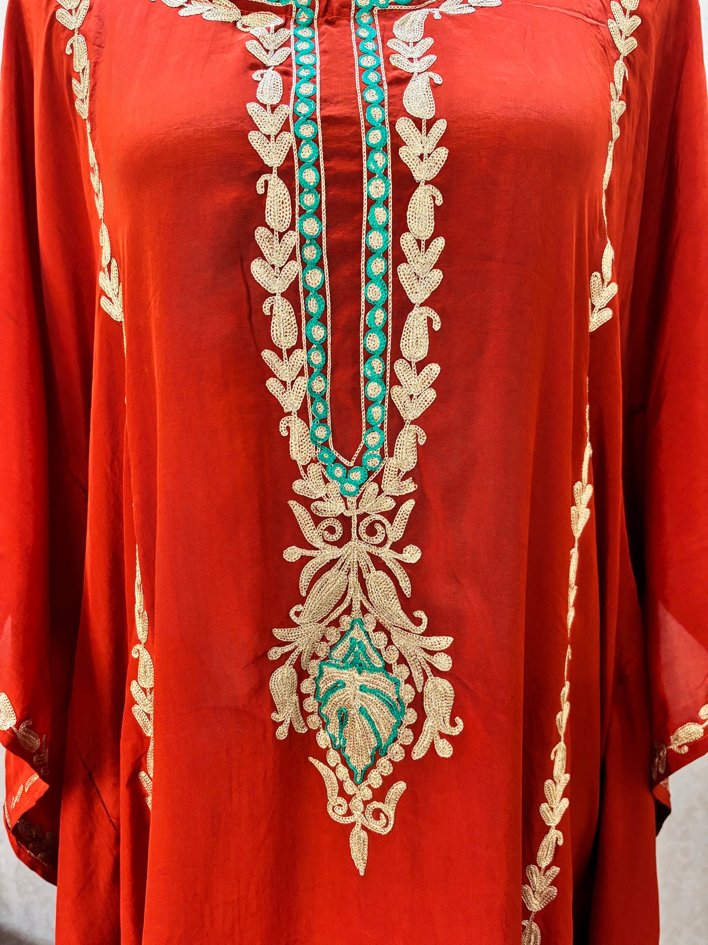 Rust Crape Front Back Kashmiri Kaftan Set