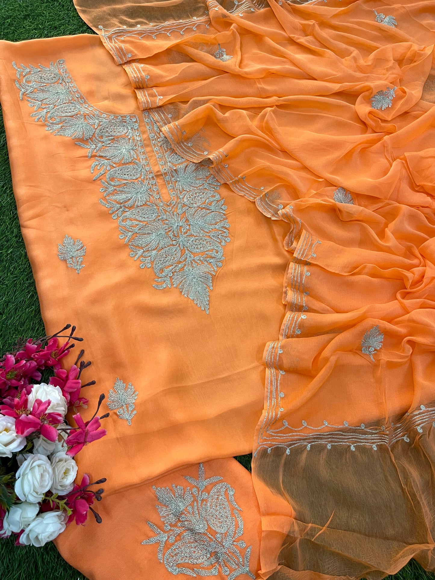 Orange Silk Tilla Kashmiri Suit