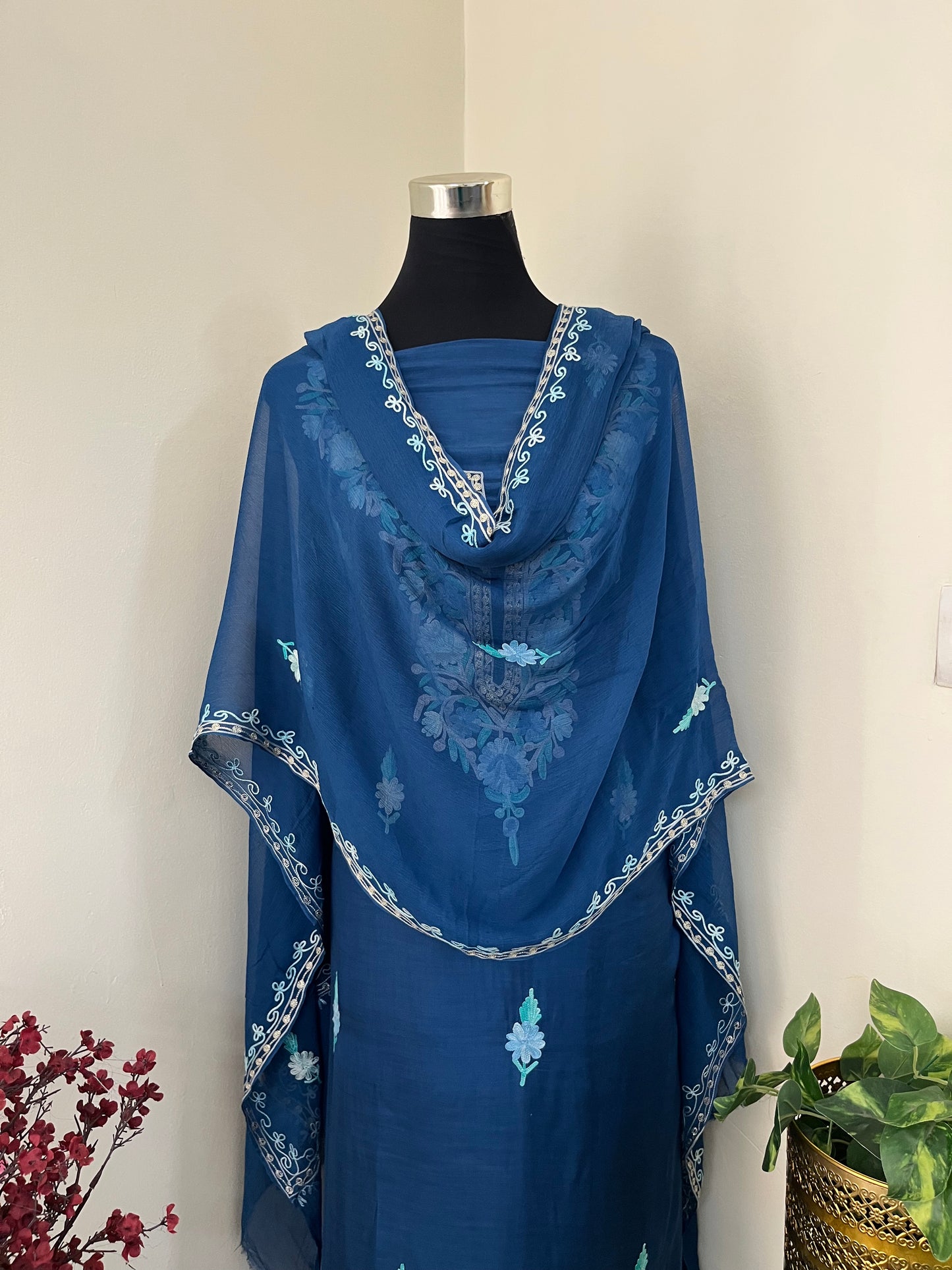 Blue  Muslin Cotton Jaal Sleeves Kashmiri 3pc Suit