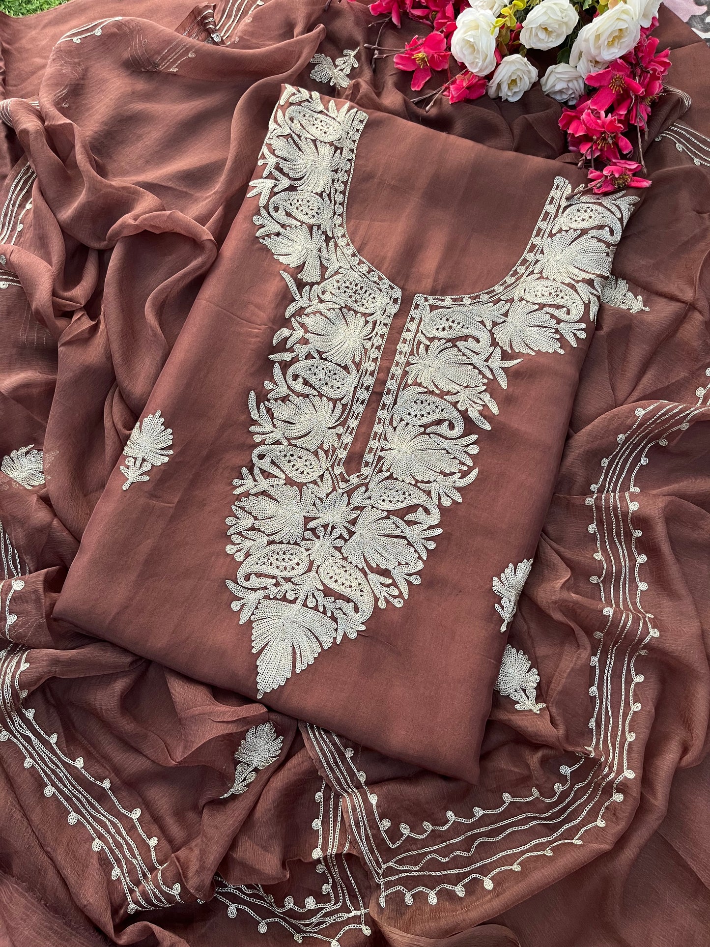 Coffee Brown Silk Tilla Kashmiri Suit