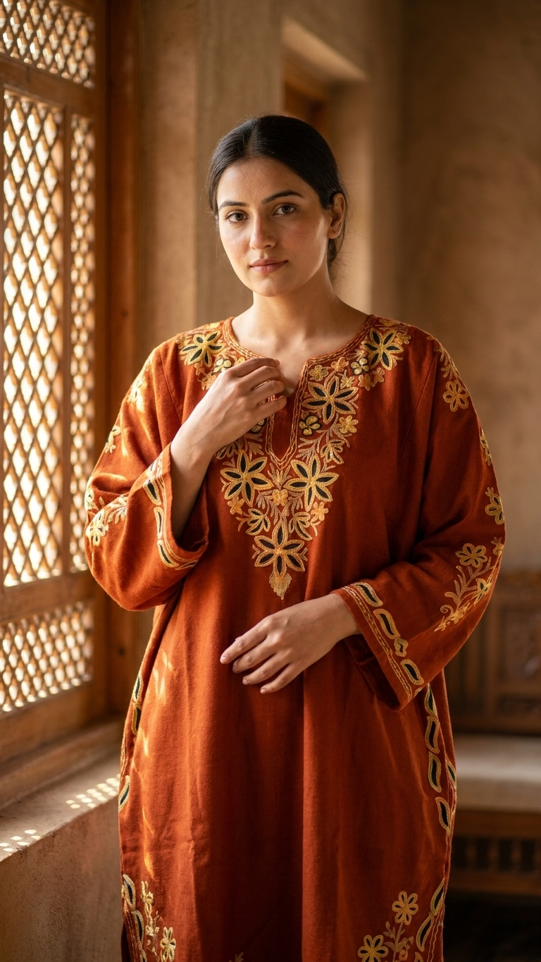 Rust Aari embroidered Pure Wool Pheran