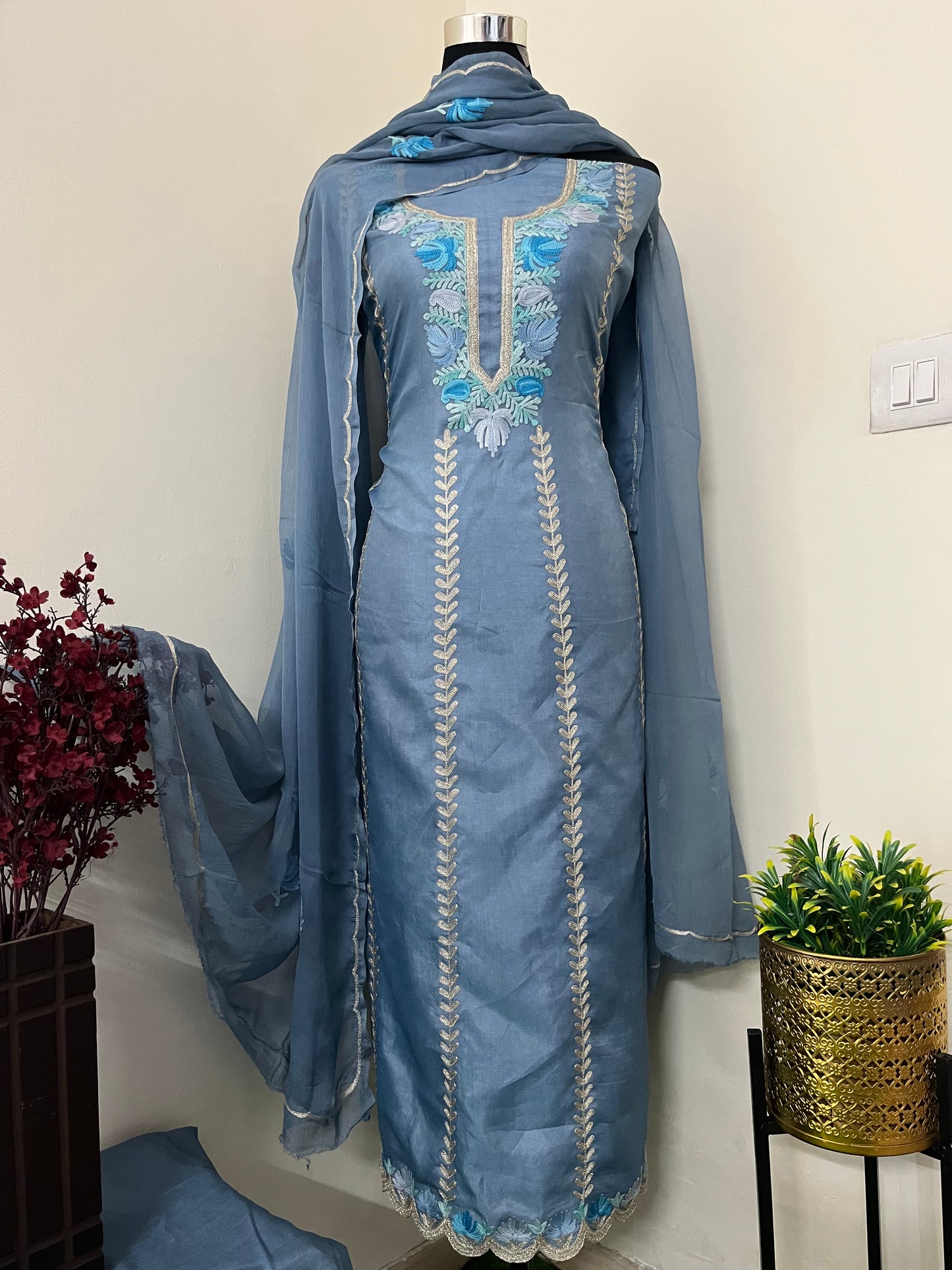 Sanam’ Blue Silk Aari Embroidered Suit material