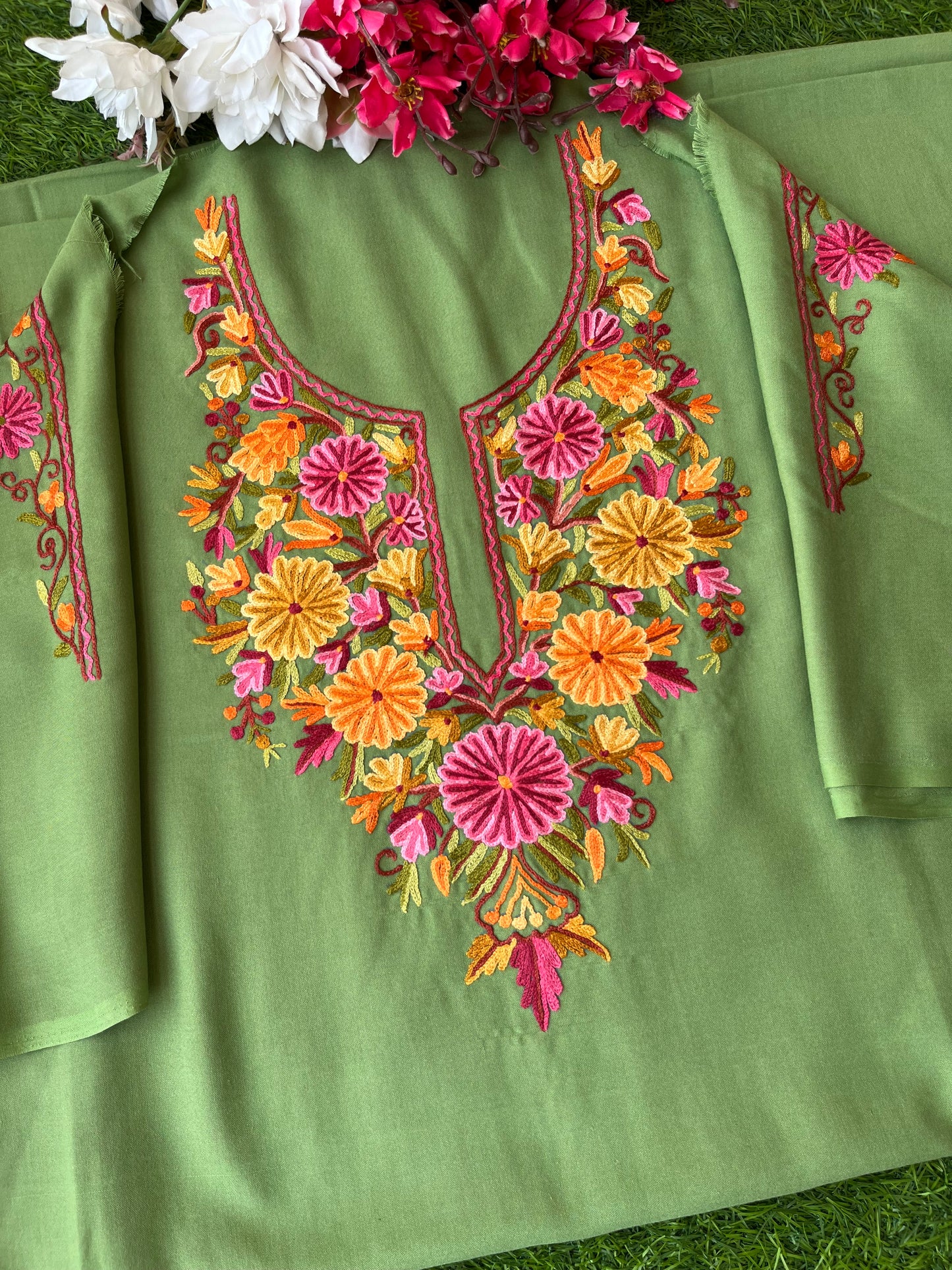 Green Cotton Two Piece Suit (Hand Embroidered)