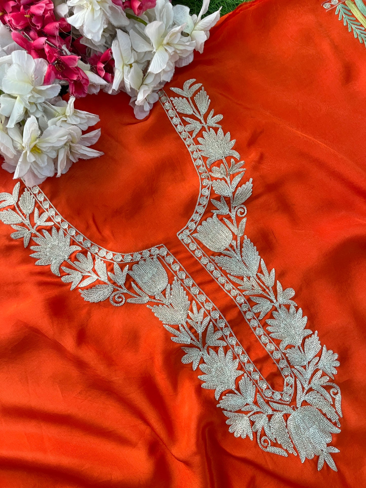 Kalaa’ Orange Crape Kashmiri Suit